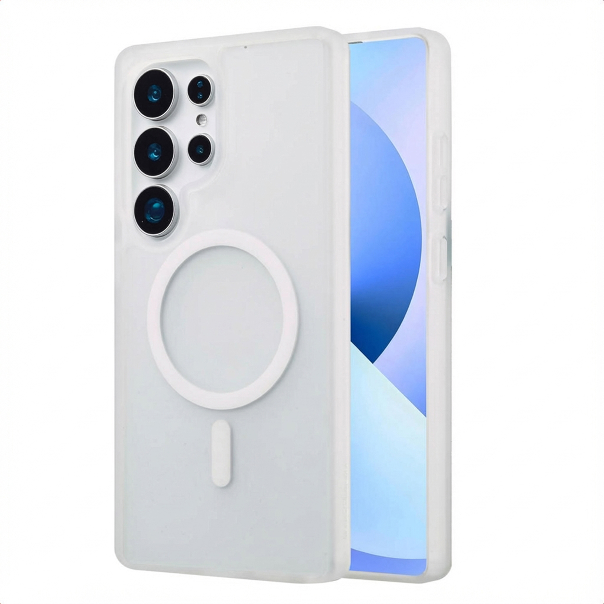 Een witte telefoonhoes met een cirkelvormige magneet, met een smartphone met een blauw scherm. Meerdere cameralenzen zijn zichtbaar.