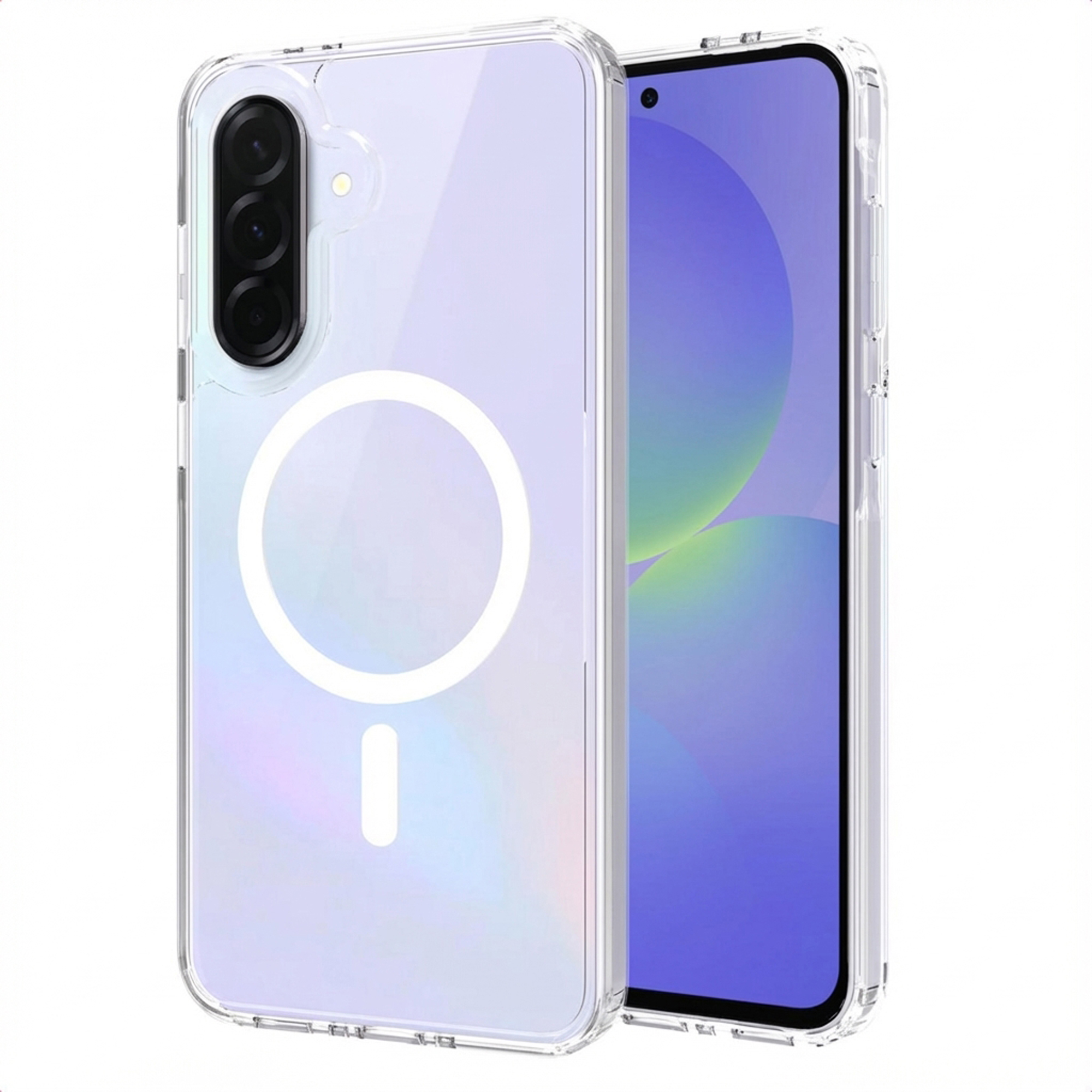 Une coque de téléphone transparente avec un cercle et une ligne blancs, avec un téléphone à l'intérieur. Le téléphone a un écran et trois lentilles.