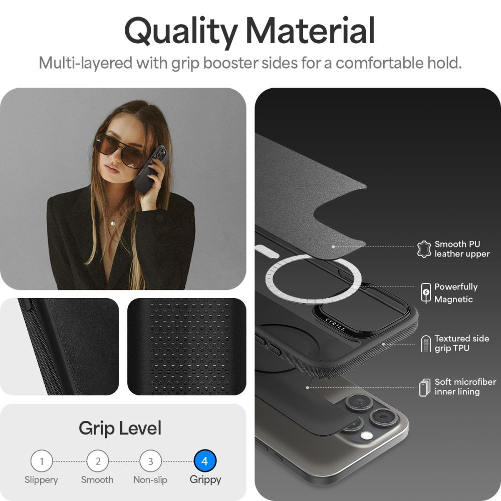 Frau mit Telefon, Produktdetails mit Griffigkeitsanzeige. Produktmerkmale sind Leder, Magnet, strukturiertes TPU und Mikrofaserfutter.