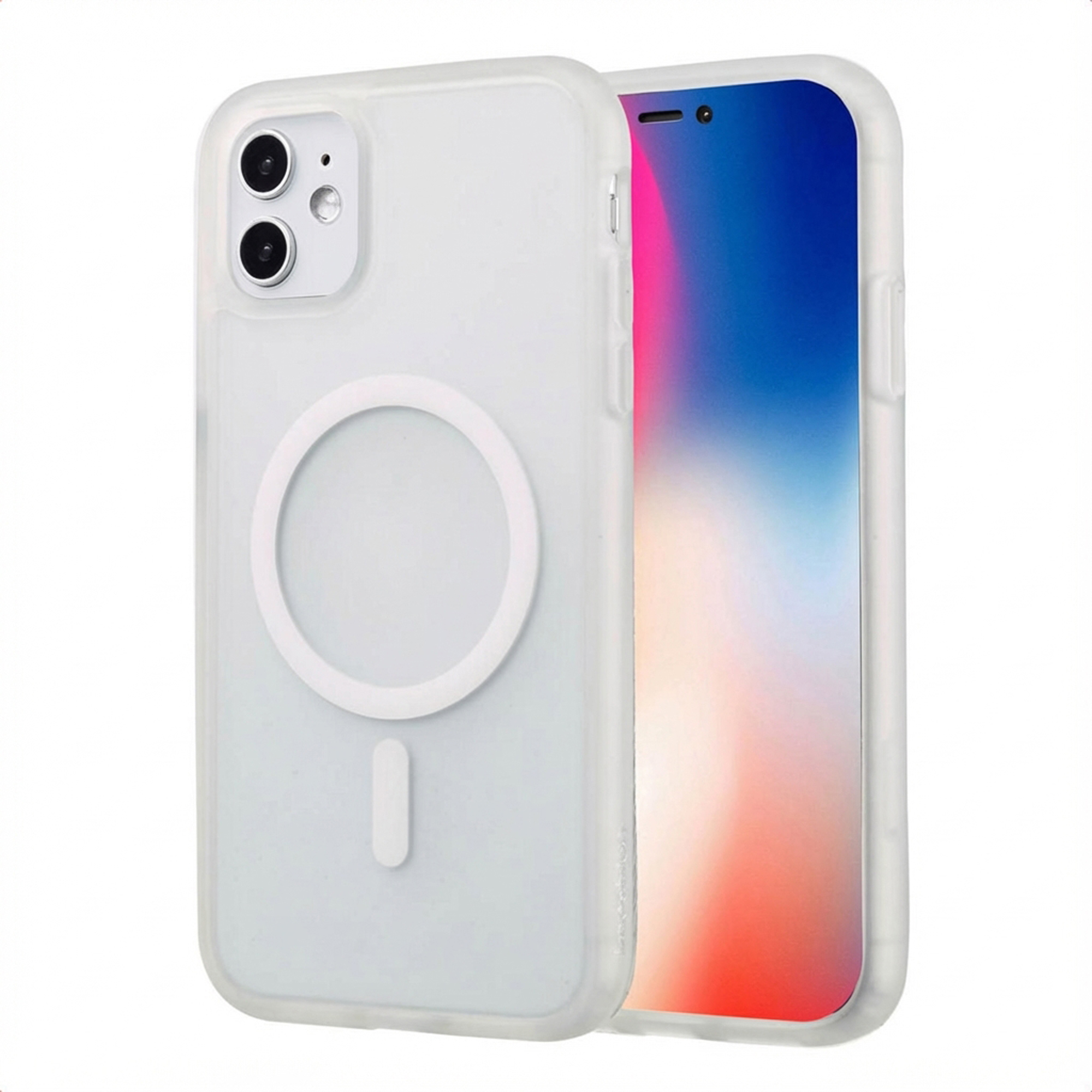 Transparante telefoonhoes met witte ring en rechthoek. Telefoonscherm toont blauwe en rode gradiënt. Dubbele camera zichtbaar.