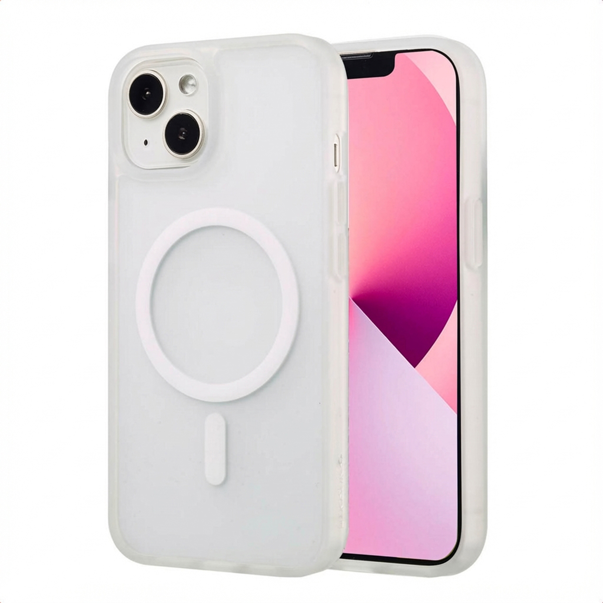 Een iPhone in een witte hoes. Het scherm toont een roze verloop. De hoes heeft een witte cirkel en een verticale balk.