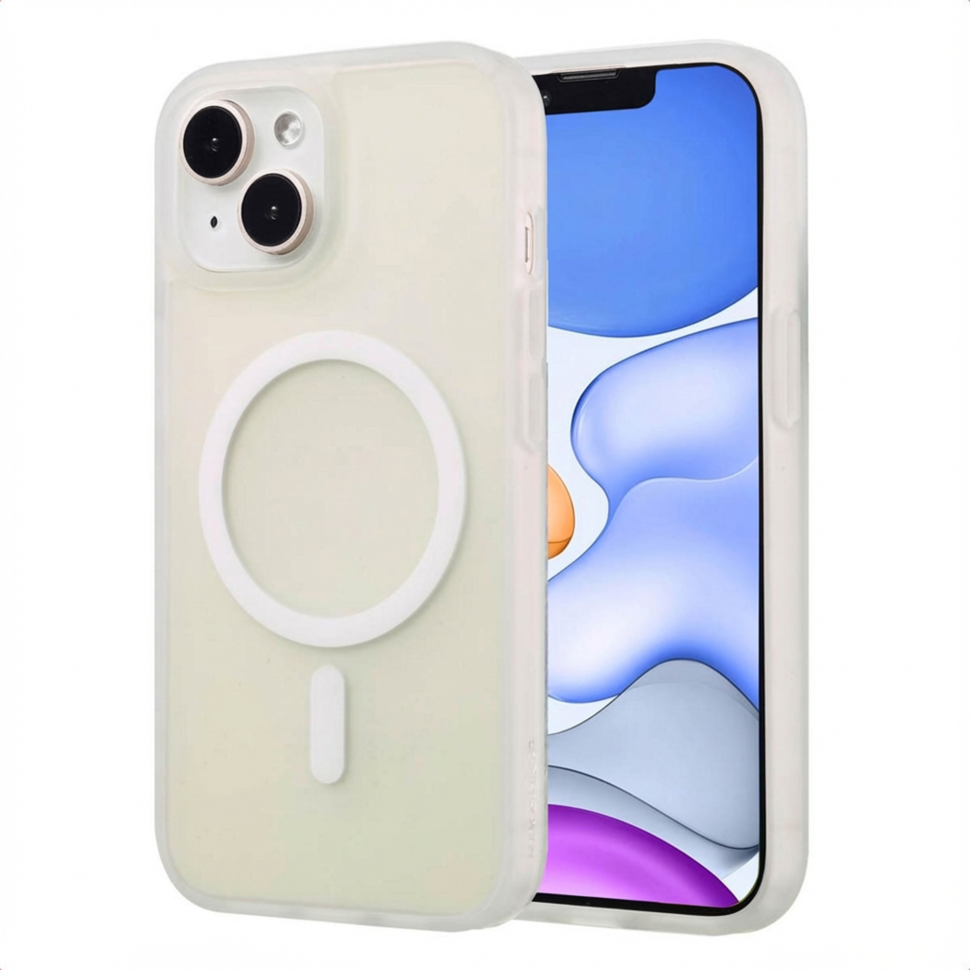 iPhone in a clear case with a white magnetic circle. The screen shows blue and orange tones.
