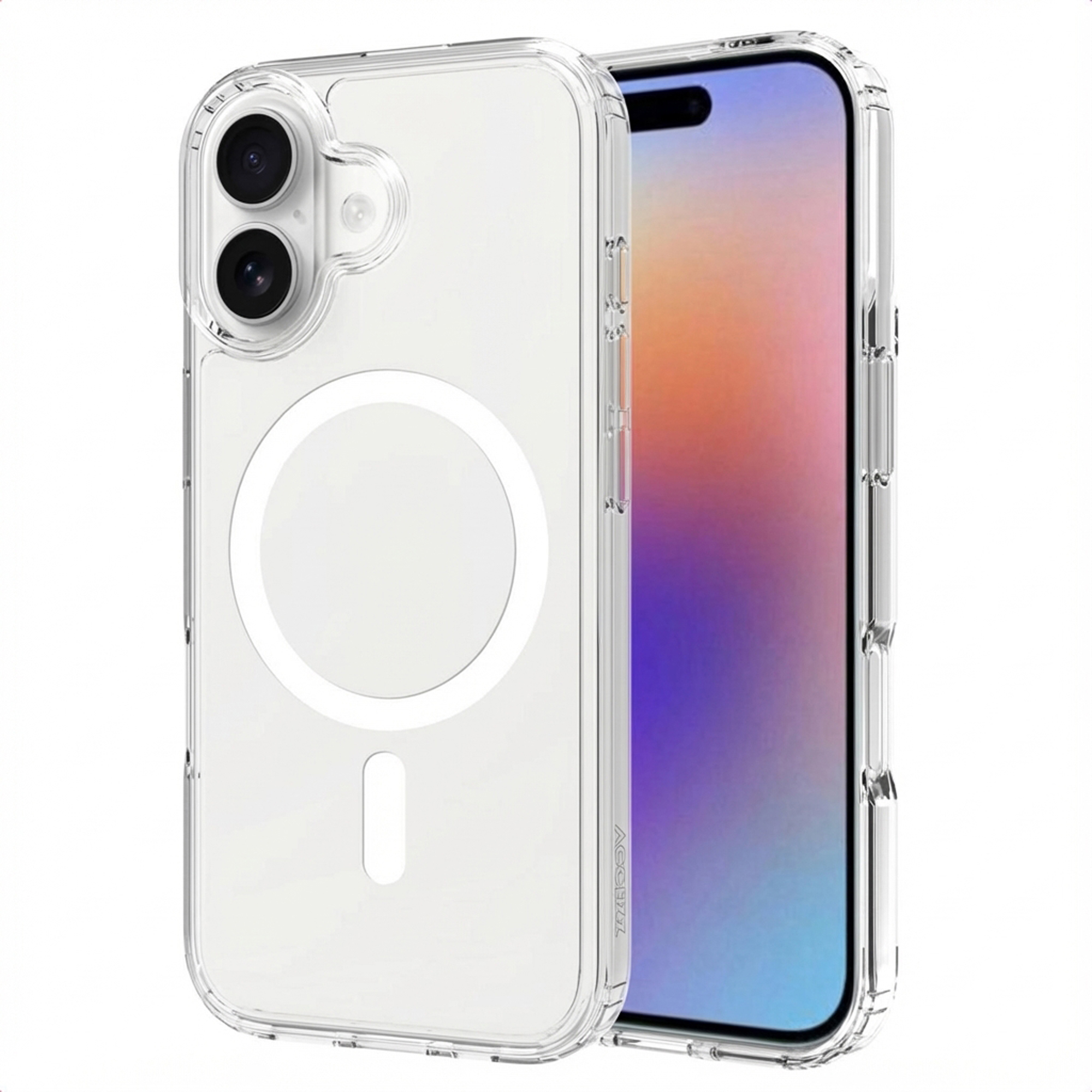 Coque de téléphone transparente avec téléphone à l'intérieur. La coque a un cercle blanc et une barre verticale. Couleurs à l'écran.