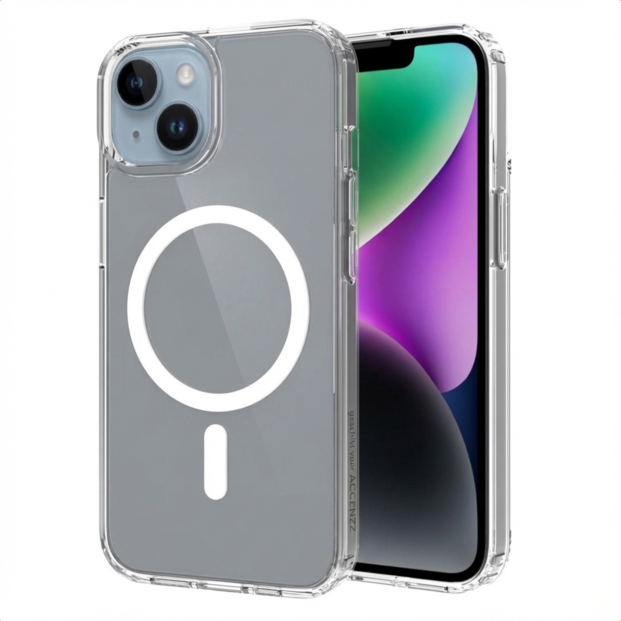 Custodia trasparente con design circolare bianco e telefono con schermo verde e viola.