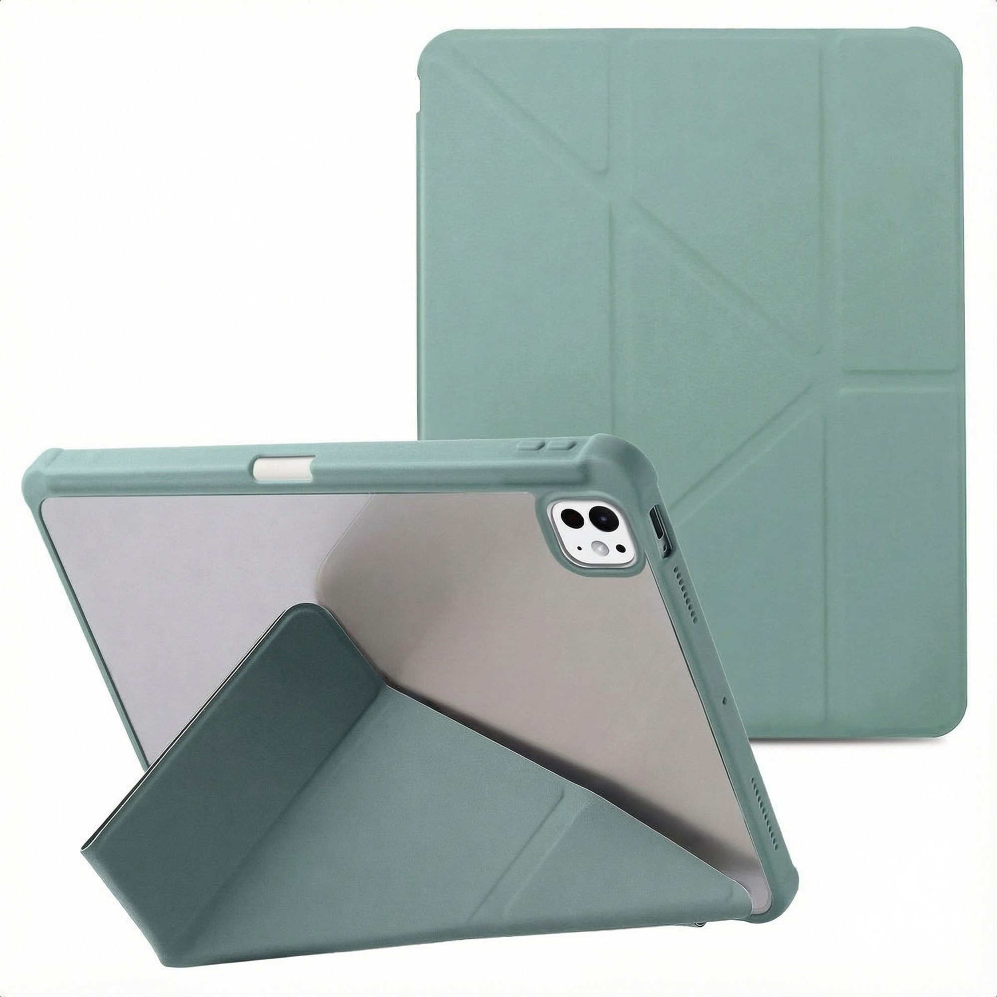 Étui de tablette vert avec support. Un deuxième étui est debout en arrière-plan. Fond blanc.