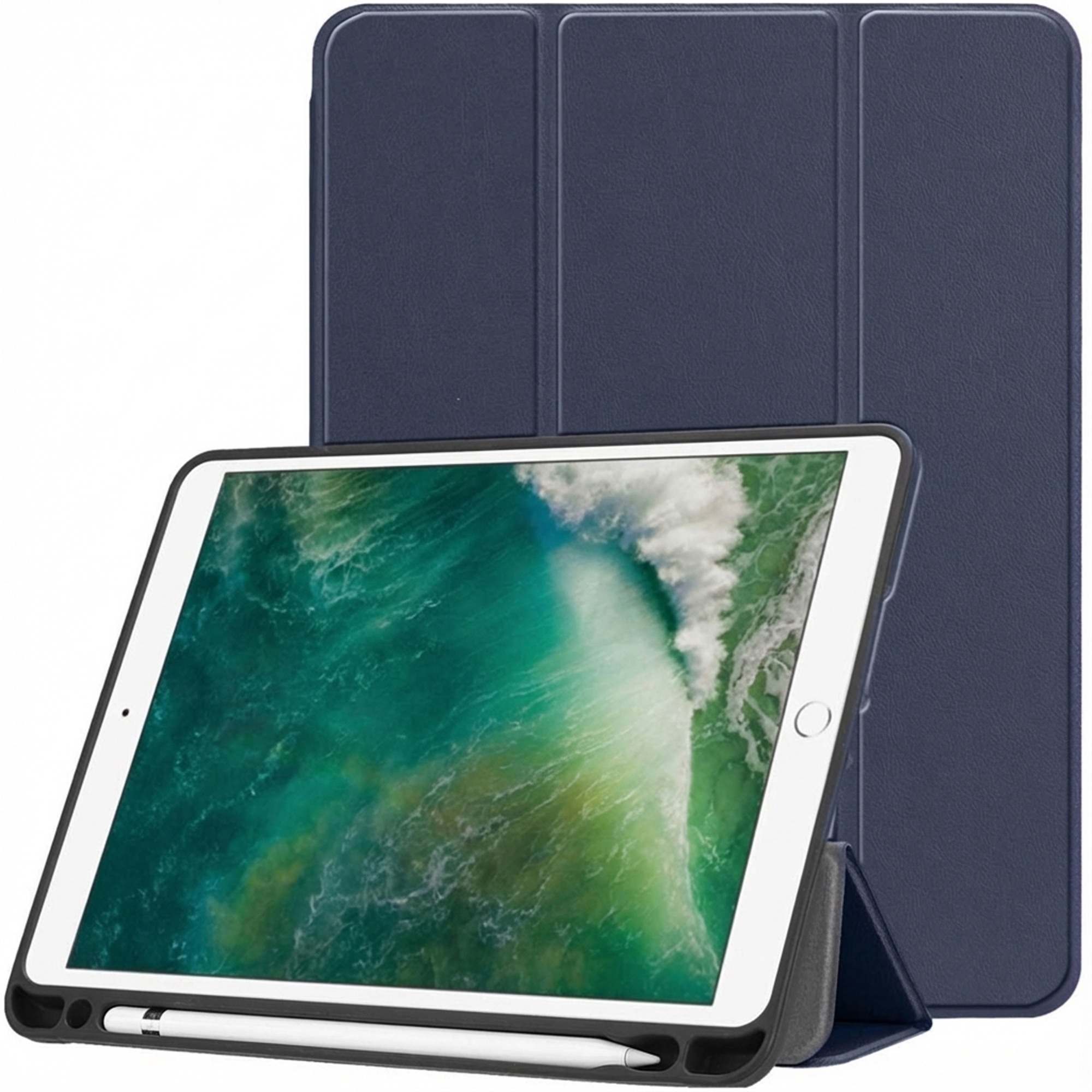 An iPad with a blue case is on display. It has a screen protector. A stylus is in the case.