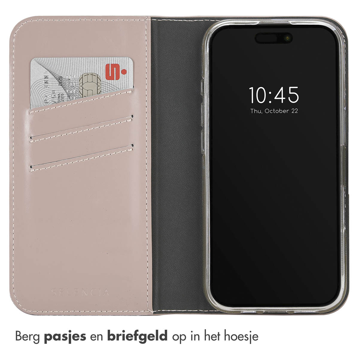 Étui de téléphone ouvert avec une carte de crédit et un téléphone affichant 10h45. L'étui est rose et gris.