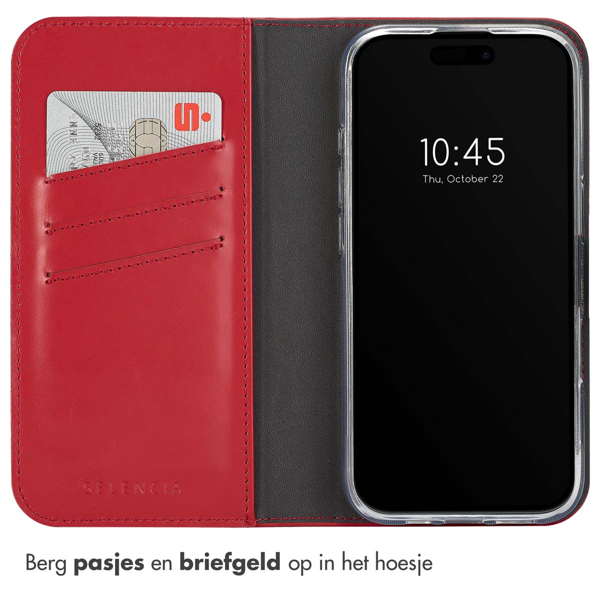 Rote Handyhülle mit Telefon, das 10:45 Uhr anzeigt. Eine Kreditkarte ist in einem Fach sichtbar.