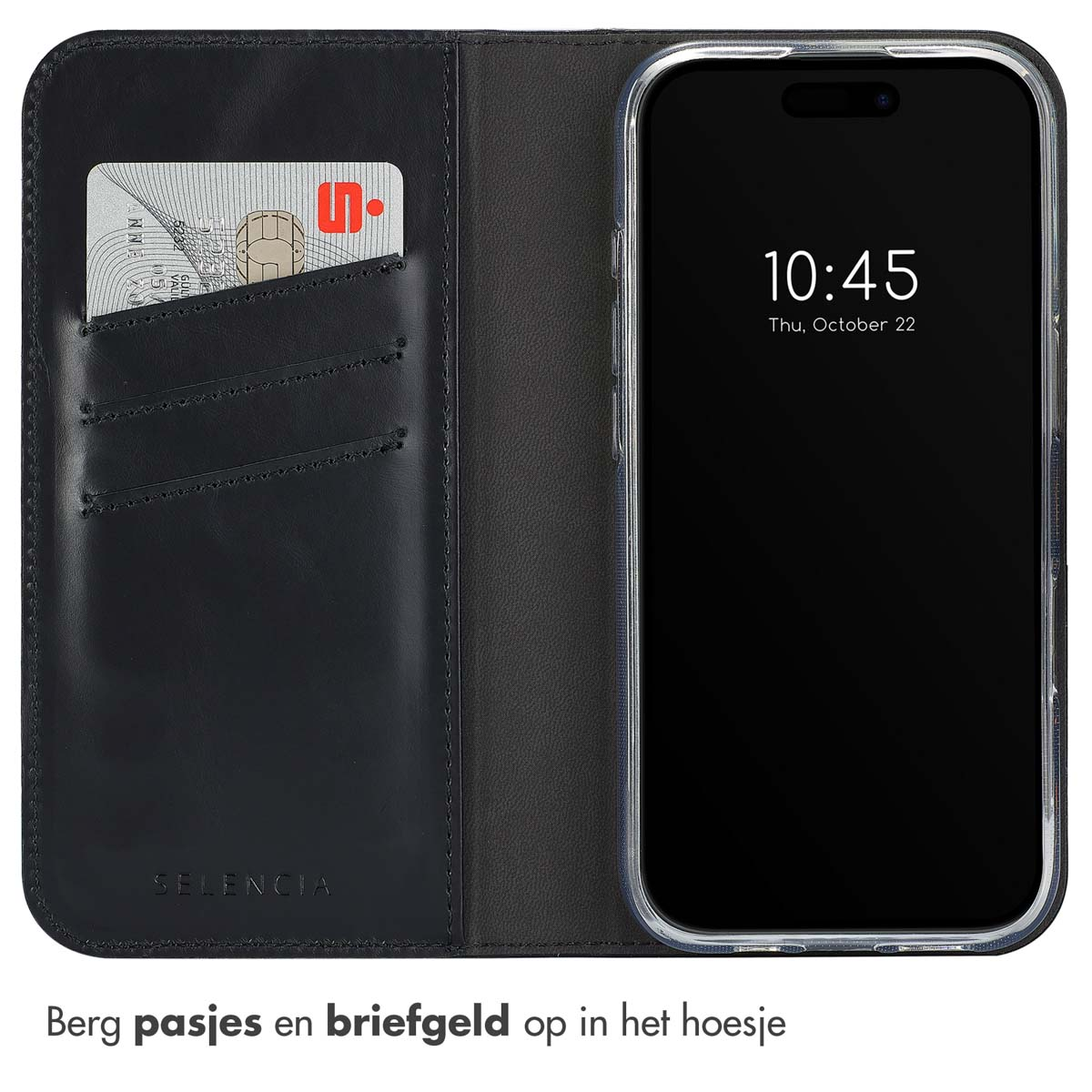 Offene Leder-Handyhülle mit Telefon, Kreditkarte und Geldbörsenfächern. Telefon zeigt Uhrzeit an. Die Hülle ist schwarz mit sichtbaren Nähten.