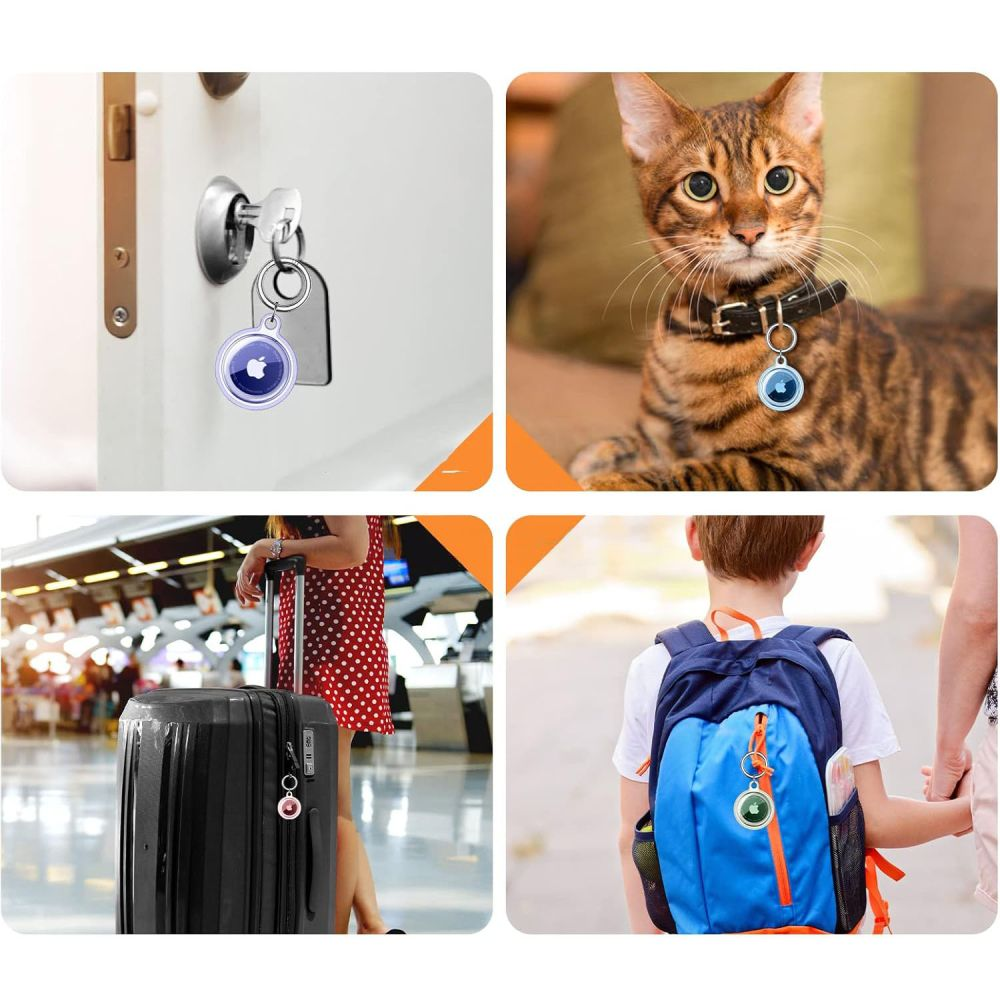Four images show Apple AirTags. One on keys, one on a cat's collar, one on a suitcase, and one on a backpack.
