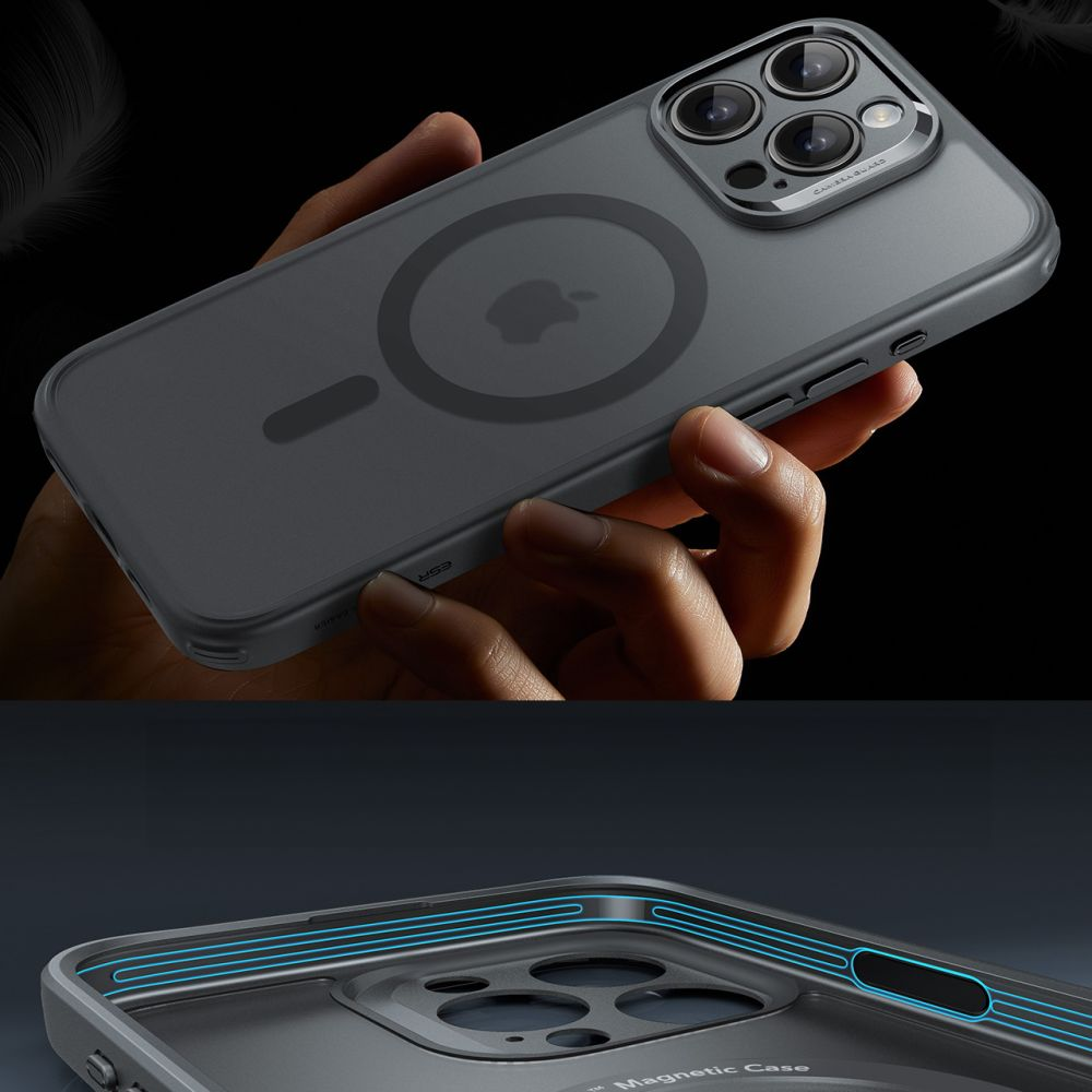 Hand hält ein graues iPhone in einer transparenten Hülle. Die Hülle hat einen Magnetring und Kameraschutz.