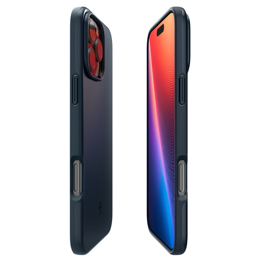 Zwei Smartphones in dunkelblauen Hüllen. Eines zeigt den Bildschirm mit buntem, abstraktem Hintergrund. Das andere zeigt die Kameralinsen.