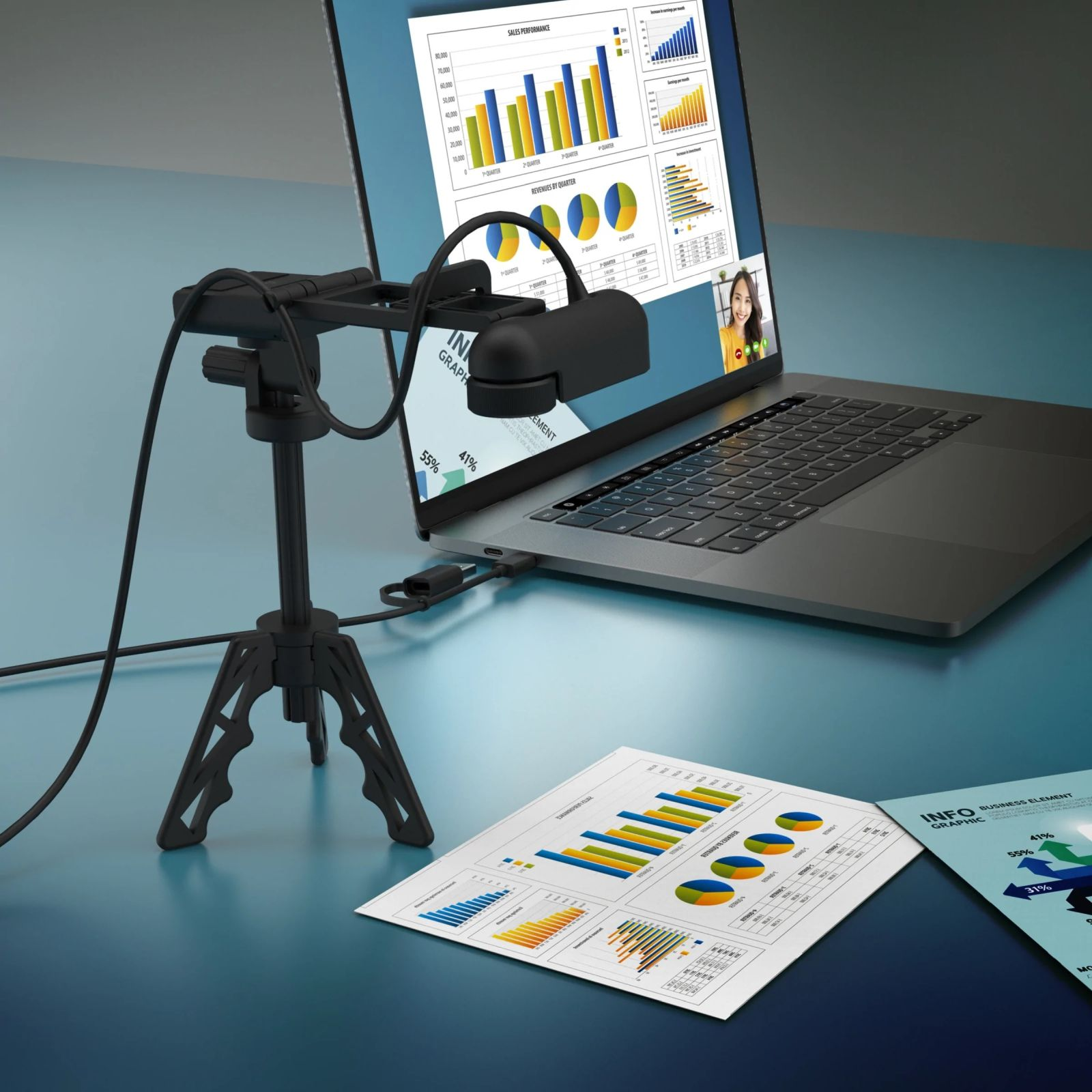 Laptop wyświetla wykresy. Kamera internetowa na statywie jest skierowana w jego stronę. Na stole leżą papiery z wykresami. Kobieta jest na ekranie.