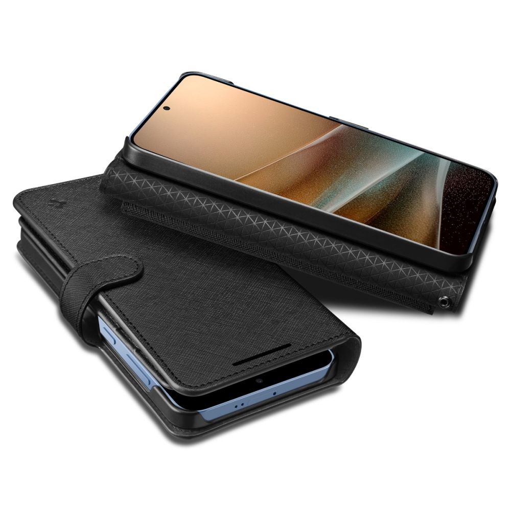 Due custodie nere per telefono con un telefono all'interno di una di esse, esposte su una superficie bianca. Le custodie sono simili alla pelle e hanno una chiusura magnetica.