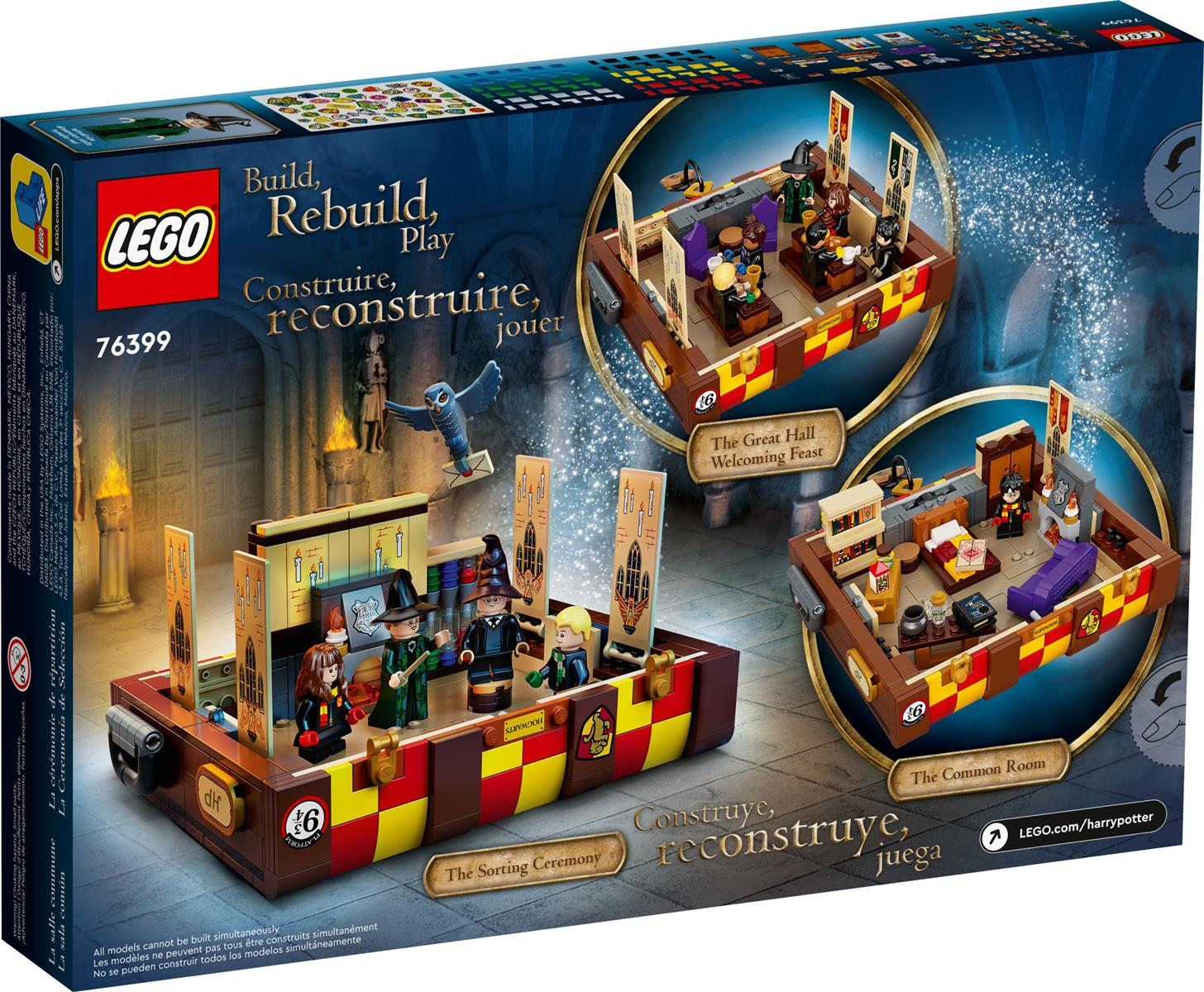 LEGO Harry Potter Set-Box. Enthält drei Szenen: Sortierungszeremonie, Große Halle und Gemeinschaftsraum mit Minifiguren und detaillierten Bauten.