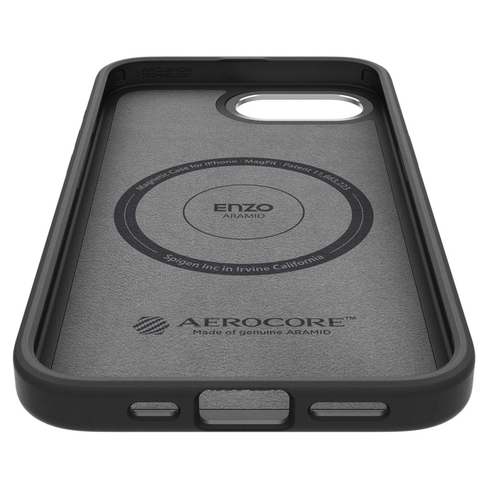 Schwarzes Handyhülleninnere. Enthält Text von Enzo Aramid, Aerocore und Spigen Inc. Für iPhone mit MagFit-Technologie.