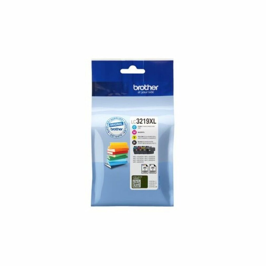 Zestaw wkładów atramentowych Brother LC3219XL w niebiesko-białym opakowaniu. Zawiera wkłady atramentowe i stos kolorowych papierów.