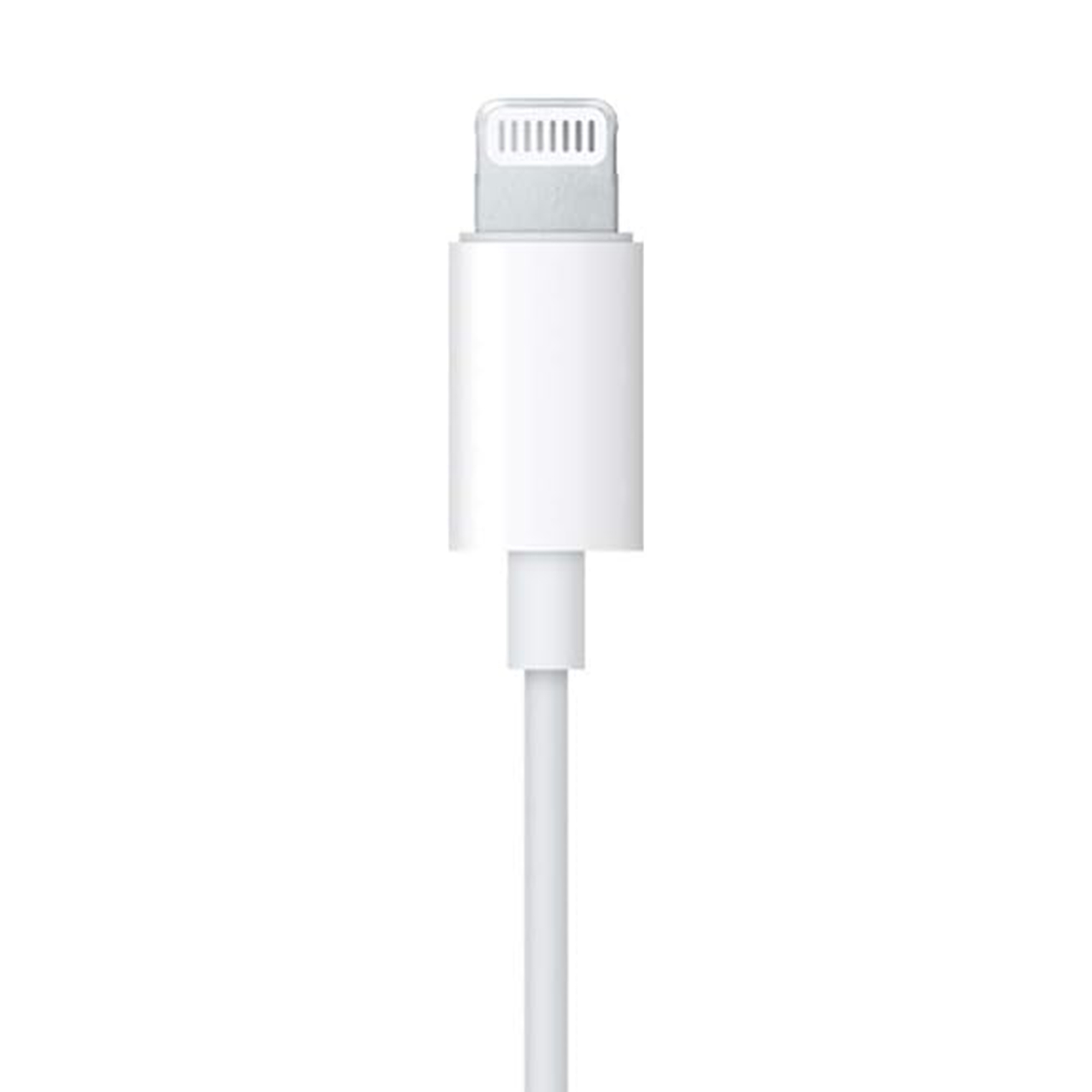 Beyaz bir Apple lightning kablosu. Üstte konektör, ortada gövde ve altta kablo, hepsi beyaz.