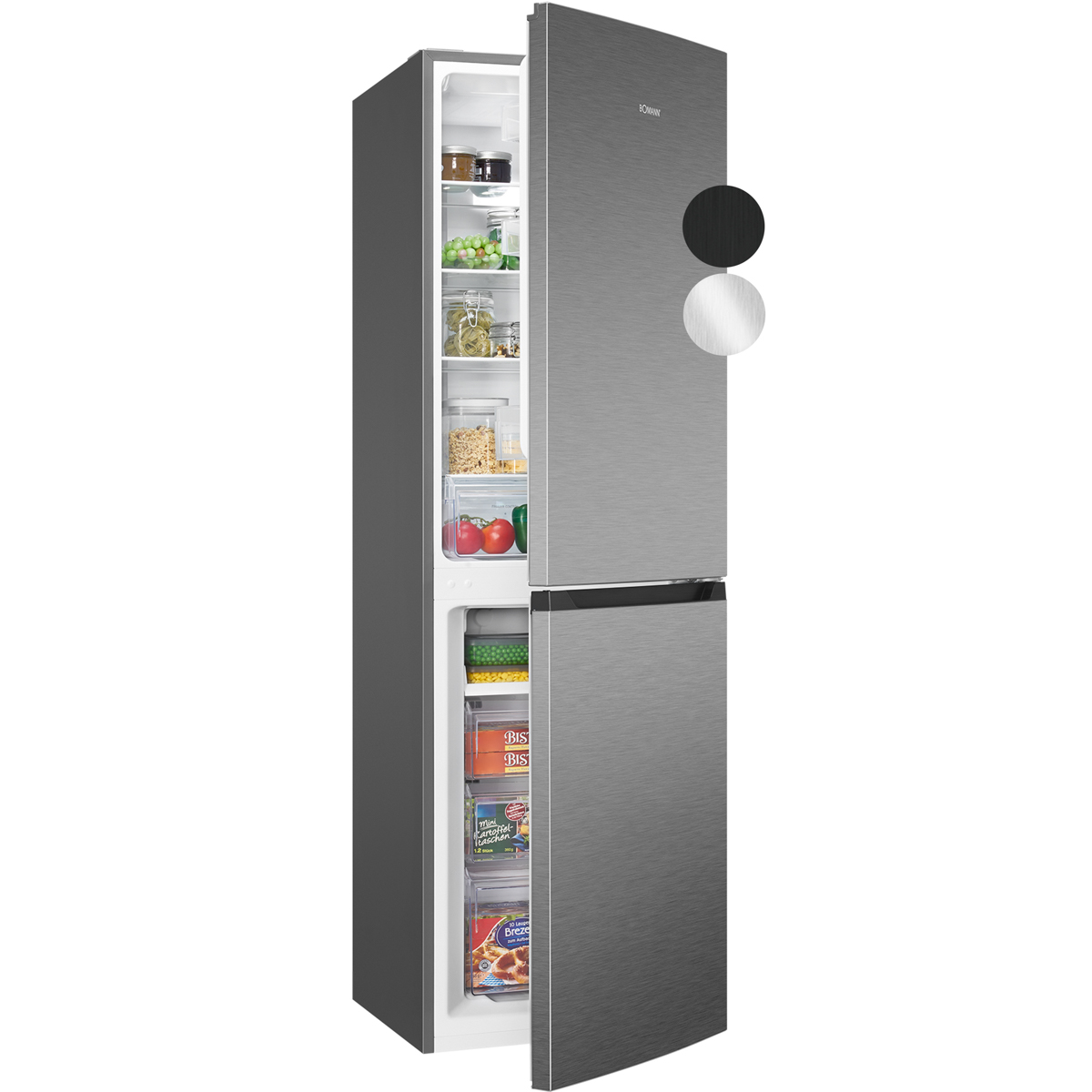 Ein metallisch grauer Kühlschrank mit geöffneter Tür, die Regale mit Lebensmitteln zeigt. Schwarze und silberne Kreise sind auf der Tür.