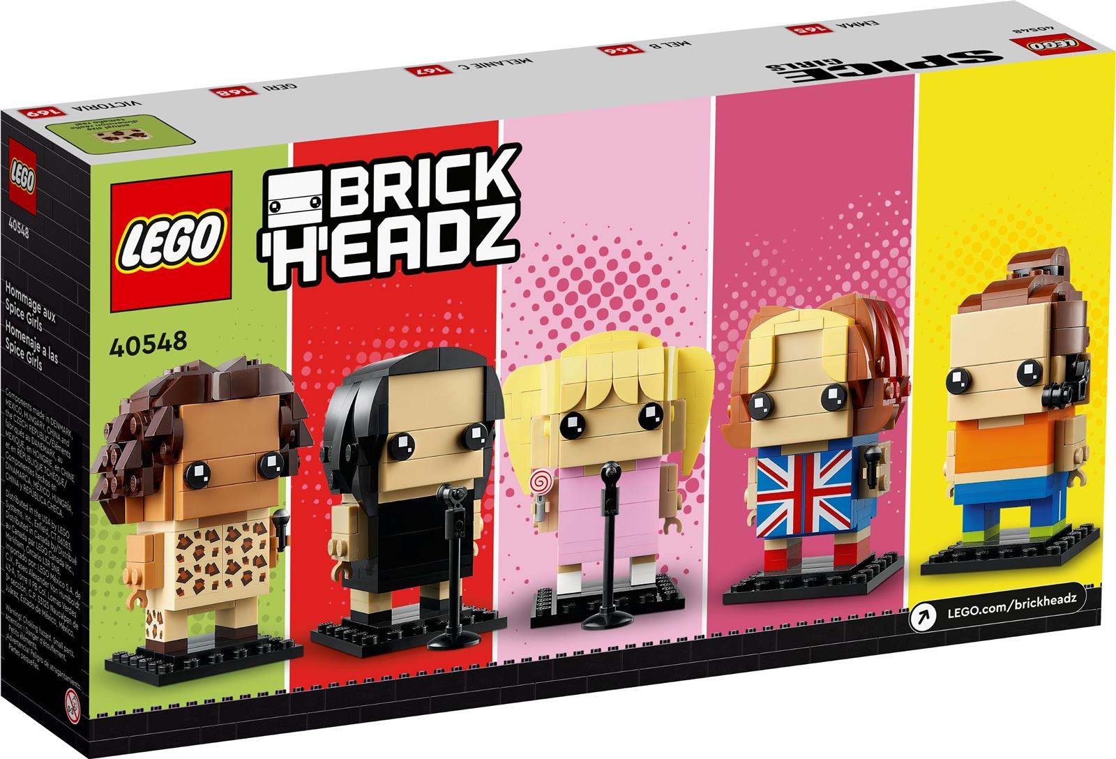 Zestaw LEGO BrickHeadz z Spice Girls. Każda figurka ma unikalny design i jest umieszczona na kolorowym tle.