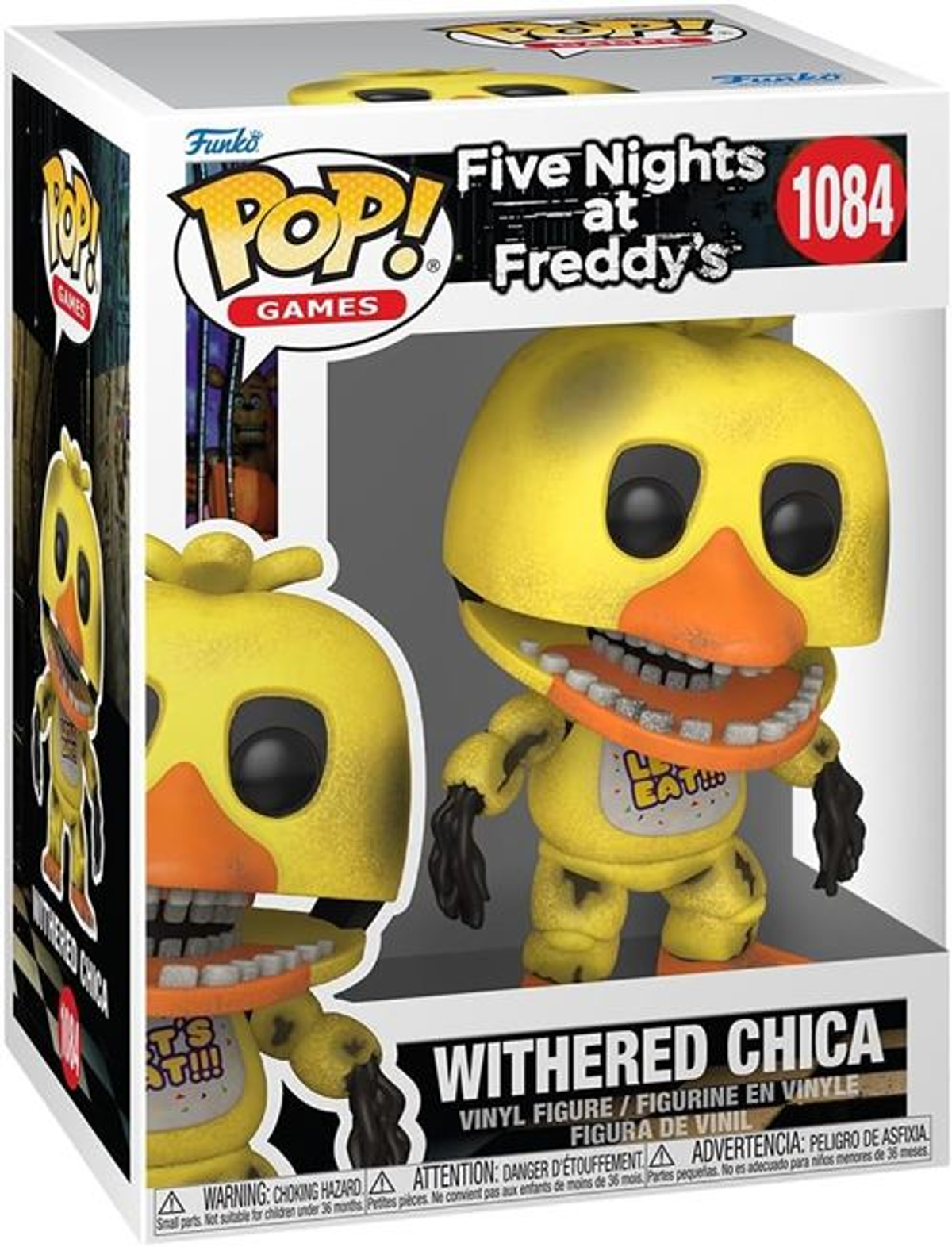 Una caja Funko Pop con Withered Chica de Five Nights at Freddy's. La figura es amarilla con pico abierto y ojos negros.