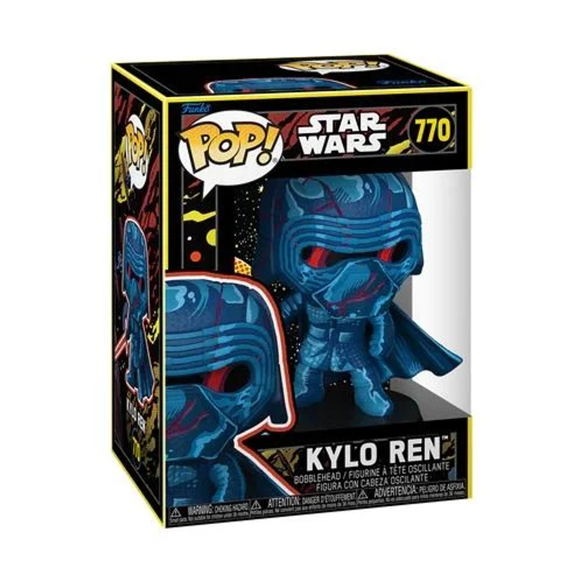 Kylo Ren Funko Pop Figur in einer Box. Die Figur ist blau mit roten Akzenten, die Box hat das Star Wars und Pop! Logos.