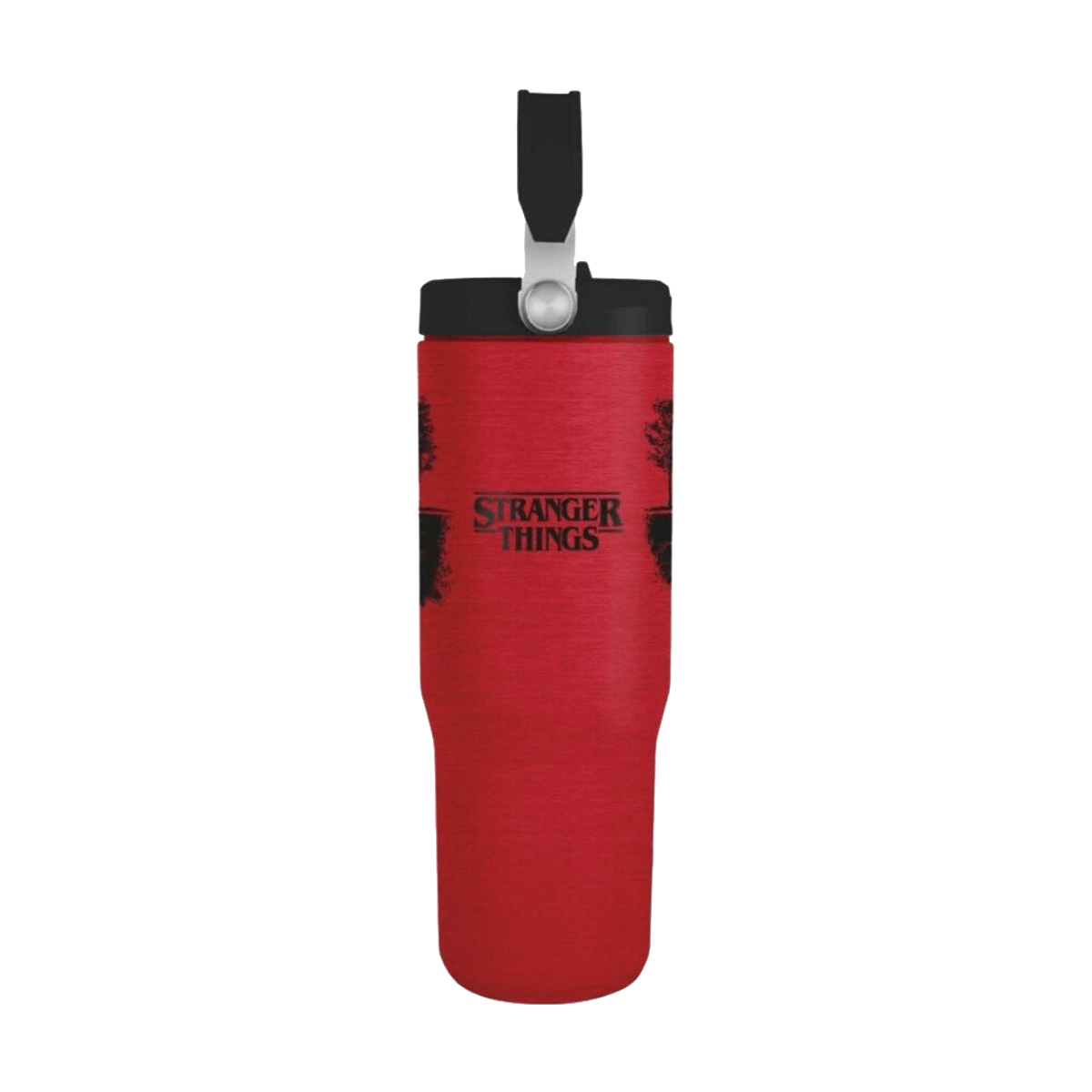 Ein roter Becher mit schwarzem Griff und Deckel. Er zeigt das Stranger Things Logo und schwarze Baumgrafiken.