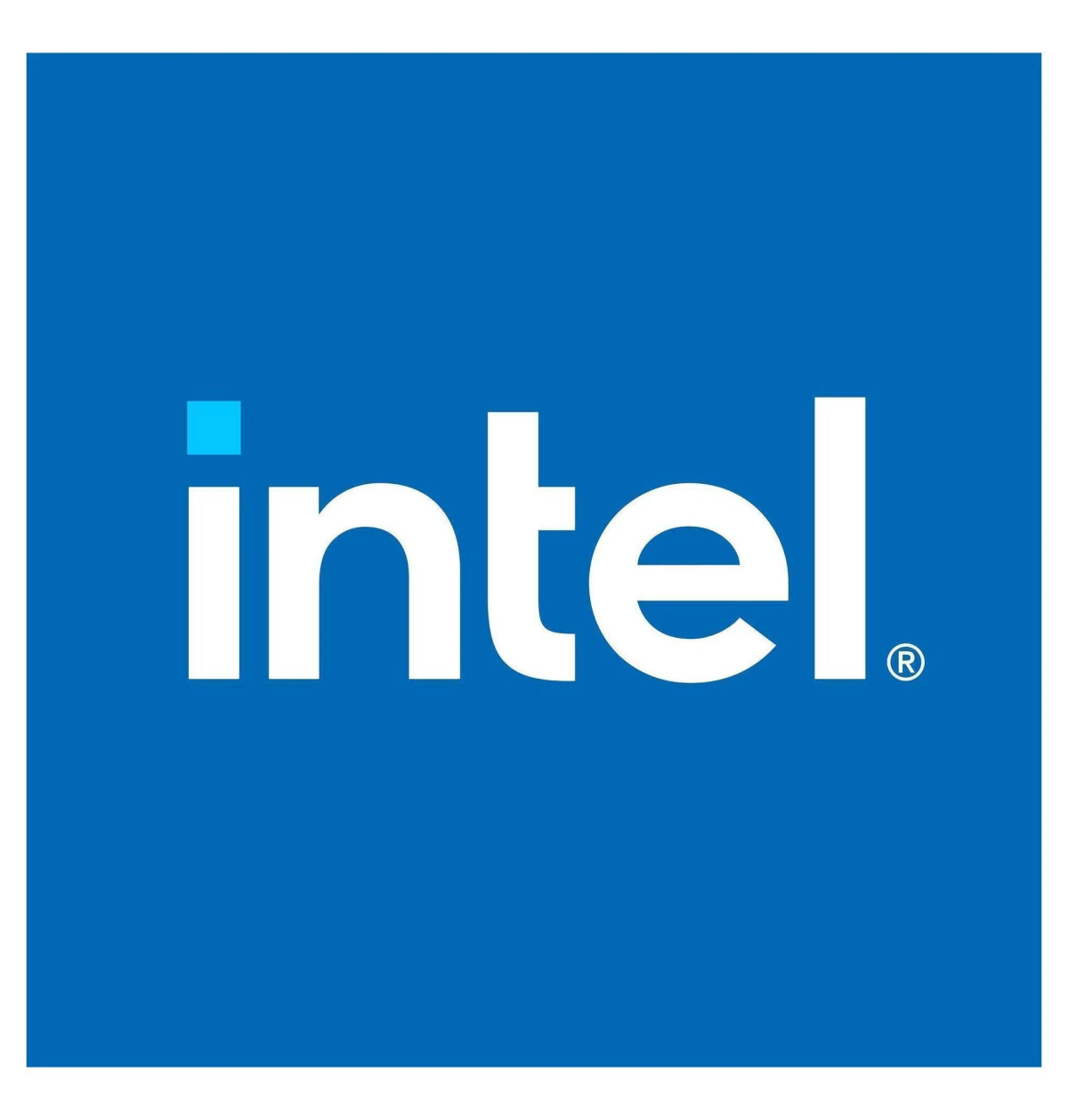 Il logo Intel su sfondo blu. La parola "intel" è bianca, con un piccolo quadrato blu sopra la "i".