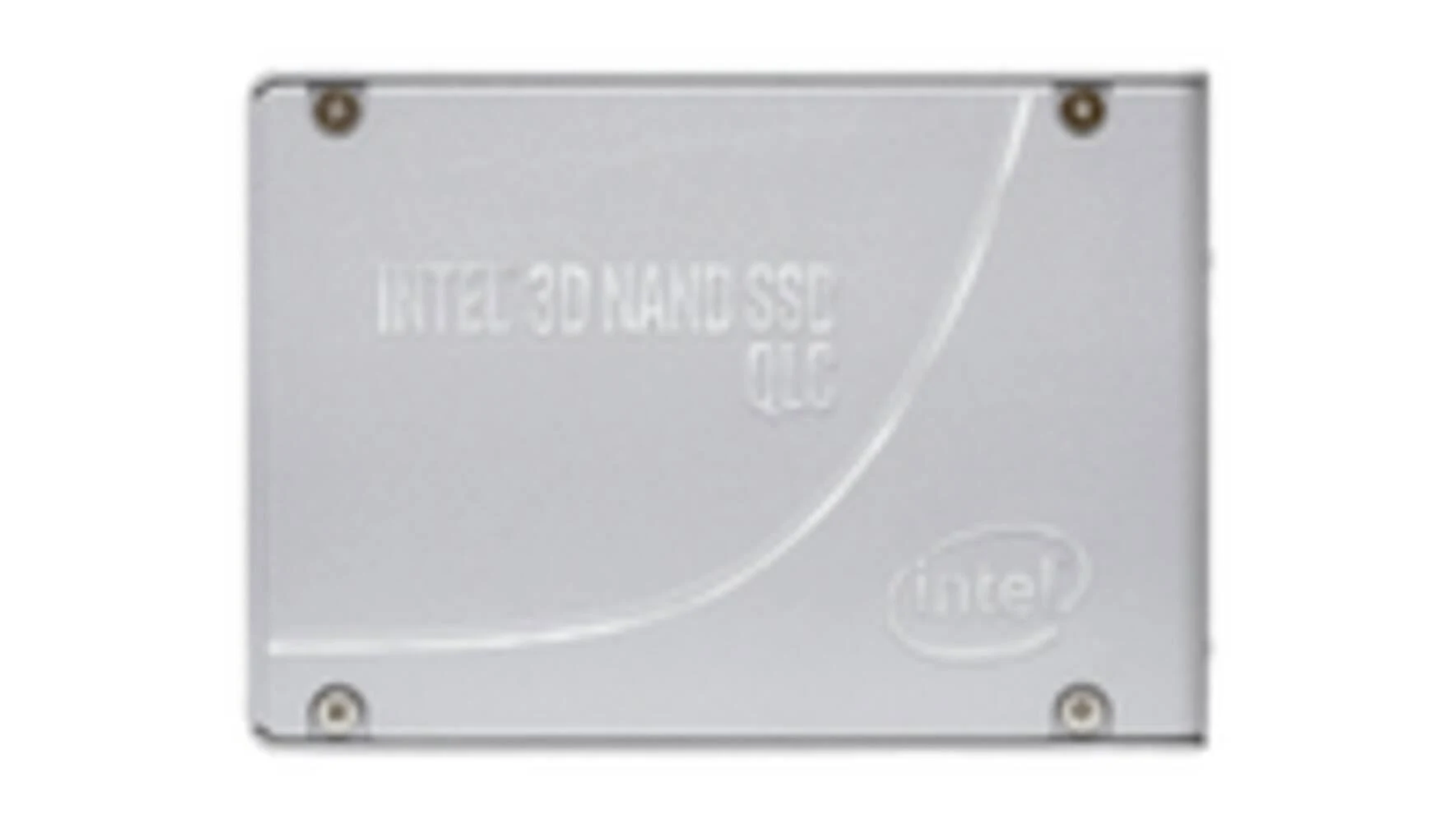 Un SSD QLC Intel 3D NAND argentato, rettangolare, con viti agli angoli. Il logo Intel è in basso a destra.
