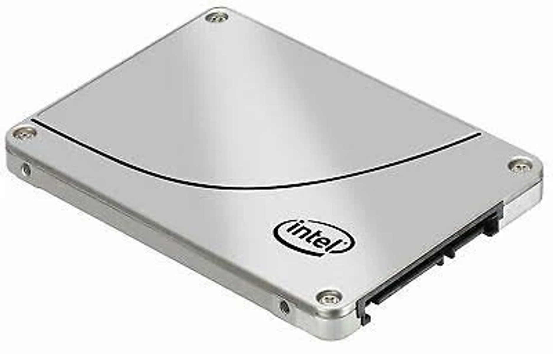 Un SSD Intel argentato. È rettangolare con angoli arrotondati, una linea nera curva e il logo Intel. Sono visibili quattro viti.