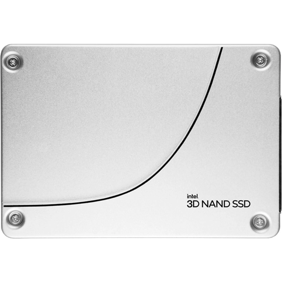 SSD Intel 3D NAND argento, linea curva nera, quattro viti, logo Intel e testo.