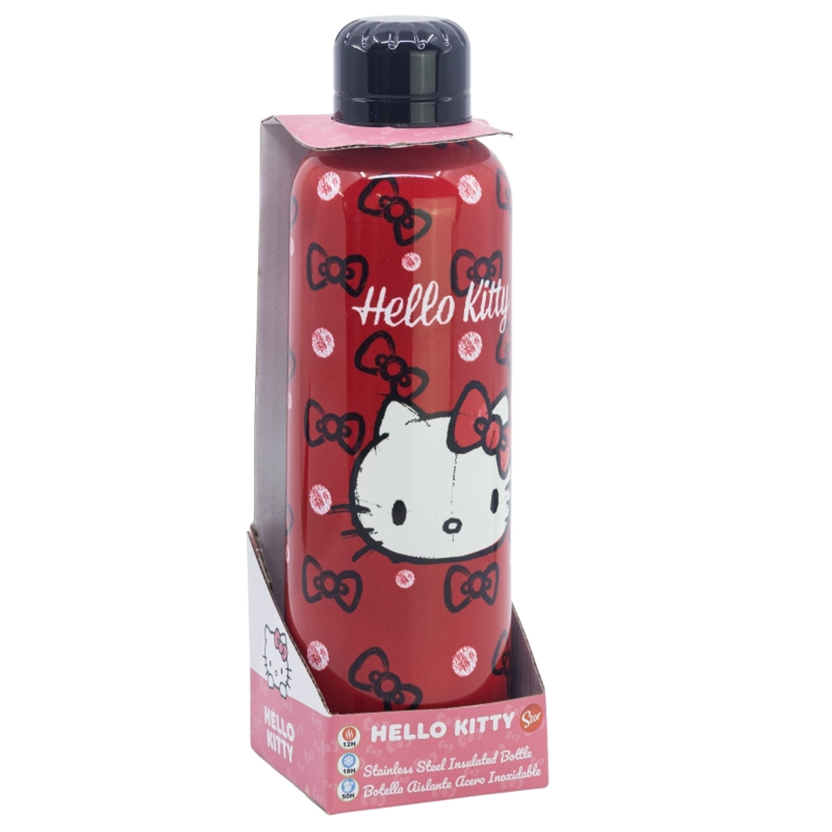 Eine Hello Kitty Edelstahl-Isolierwasserflasche in ihrem Karton, rot mit weißen Schleifen und Hello Kitty Gesicht.