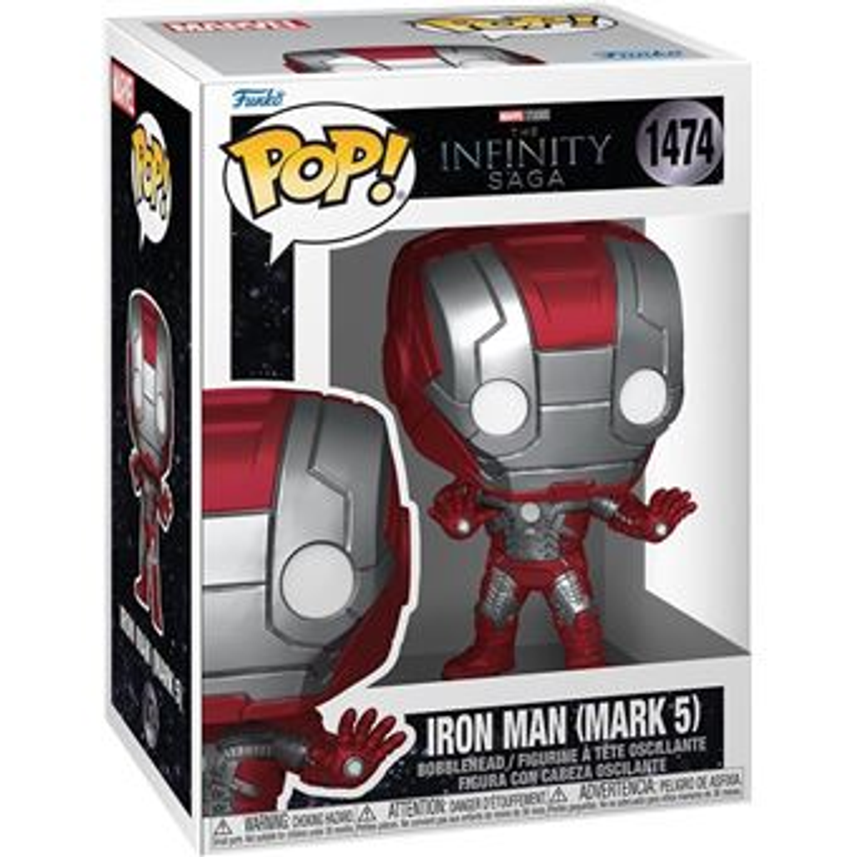 Eine Funko Pop Figur von Iron Man Mark 5 in einer Box. Die Figur ist rot und silber. Auf der Box steht 'Infinity Saga'.