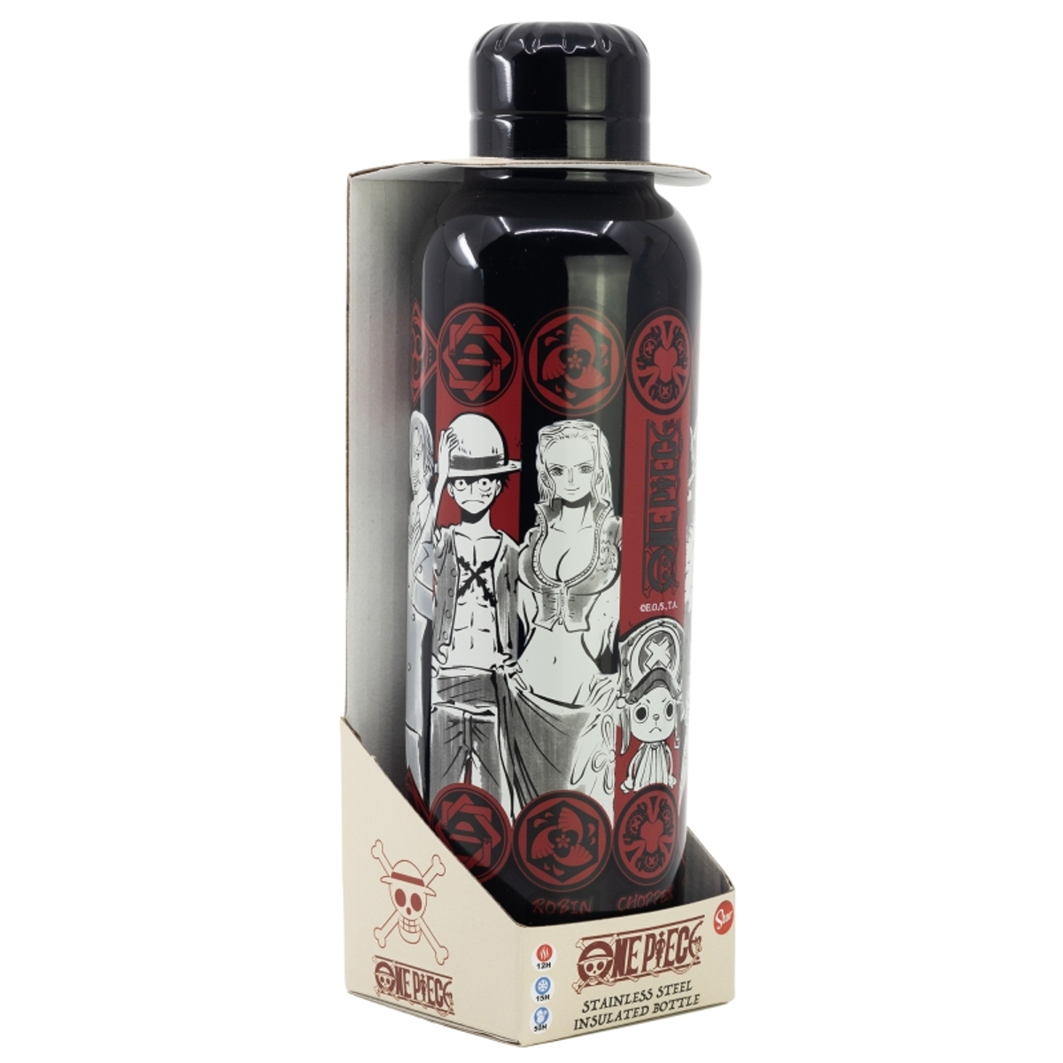 Botella de agua negra de One Piece en embalaje. La botella presenta arte de personajes. El embalaje muestra el logotipo e información del producto. Tapa negra en la parte superior.