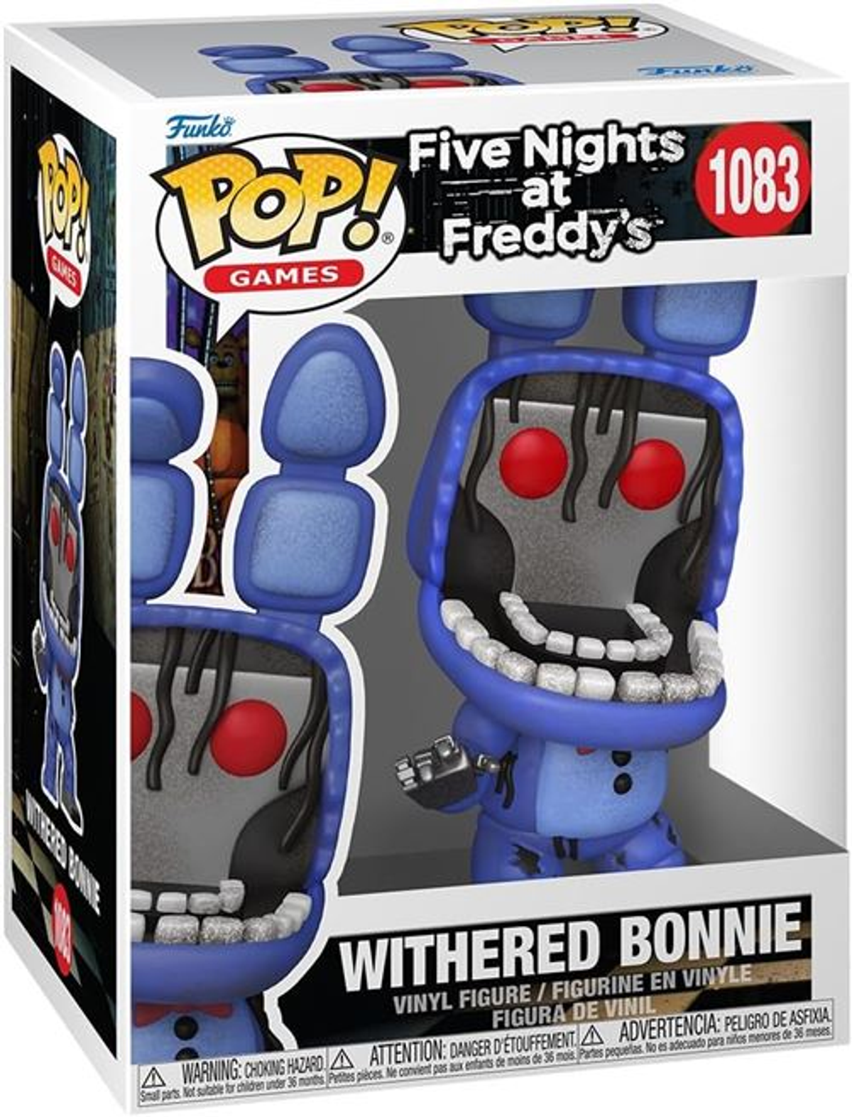 Una caja Funko Pop con una figura de Withered Bonnie. La figura es azul con la cara gris y ojos rojos. La caja dice Five Nights at Freddy's.