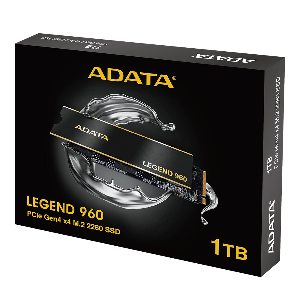Czarne pudełko z dyskiem SSD ADATA Legend 960. Złote litery, wzór rozprysków wody. Tekst: PCIe Gen4 x4 M.2 2280 SSD 1TB.