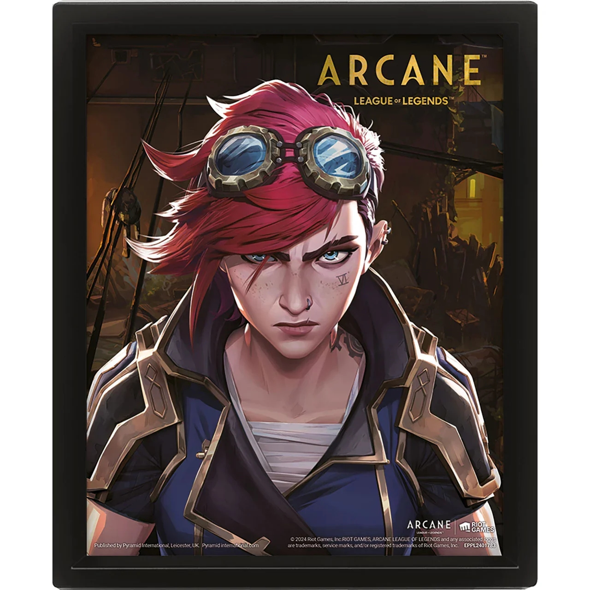 Imagen de Vi de Arcane: League of Legends. Tiene cabello rojo, gafas y una expresión decidida. El fondo tiene un entorno industrial.