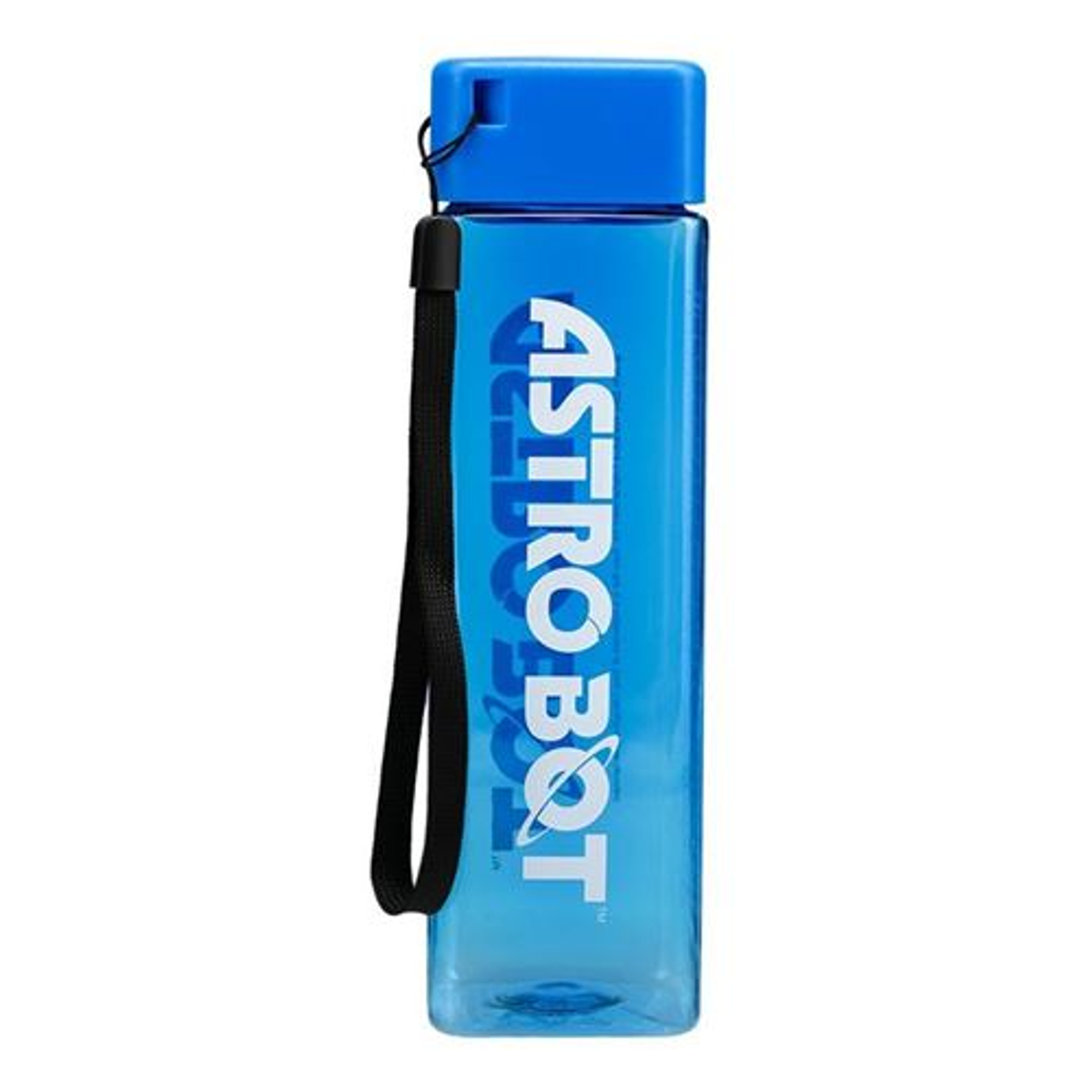 Eine blaue ASTROBOT-Wasserflasche mit einem schwarzen Riemen. Die Flasche ist rechteckig und der Deckel ebenfalls blau.