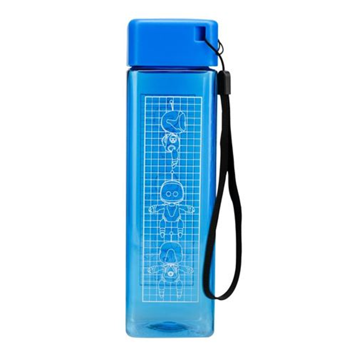 Blaue Wasserflasche mit blauem Deckel. Sie hat einen schwarzen Riemen und weiße Roboterzeichnungen darauf. Der Hintergrund ist weiß.