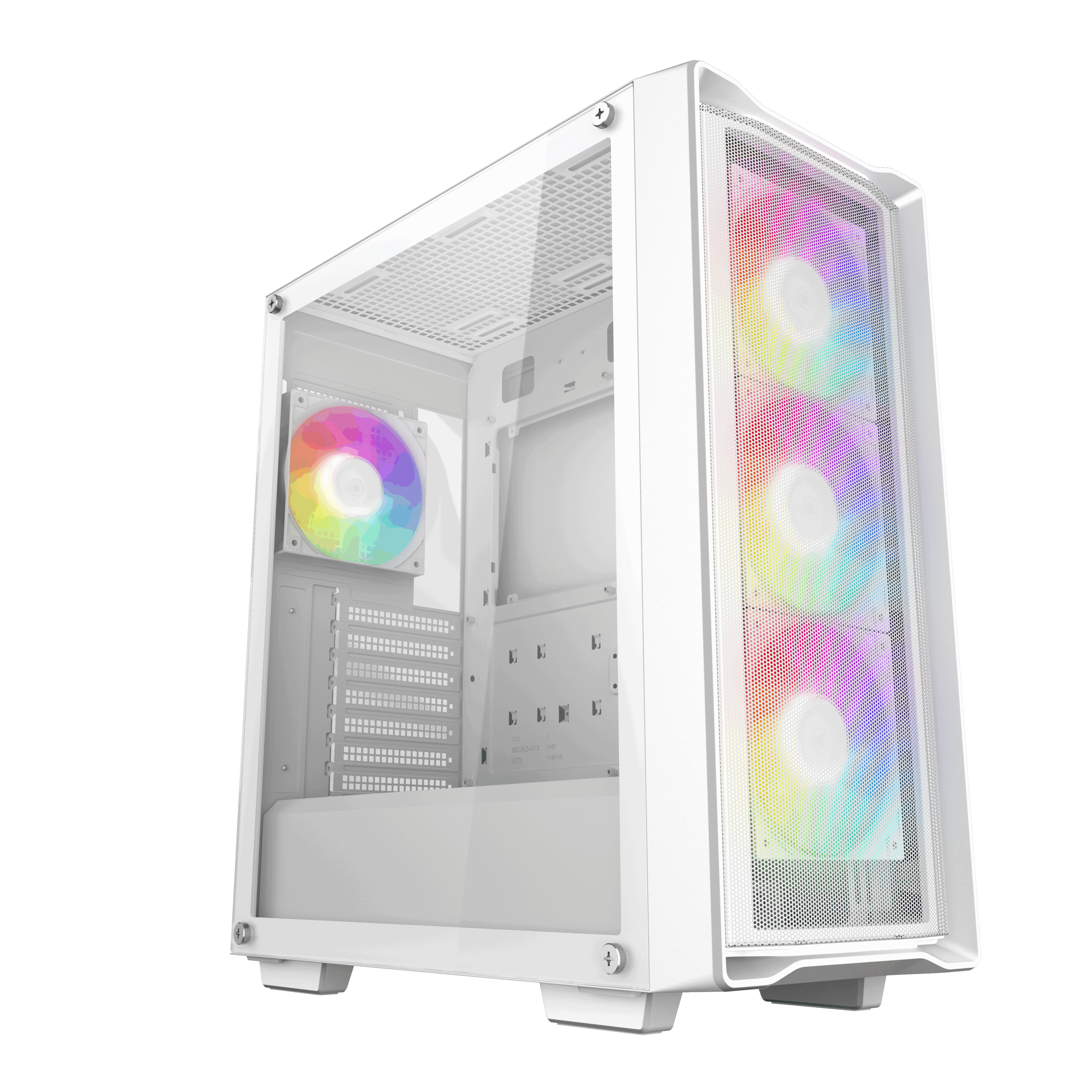 Case per computer bianco con pannello in vetro e ventole RGB. La parte anteriore presenta tre ventole.