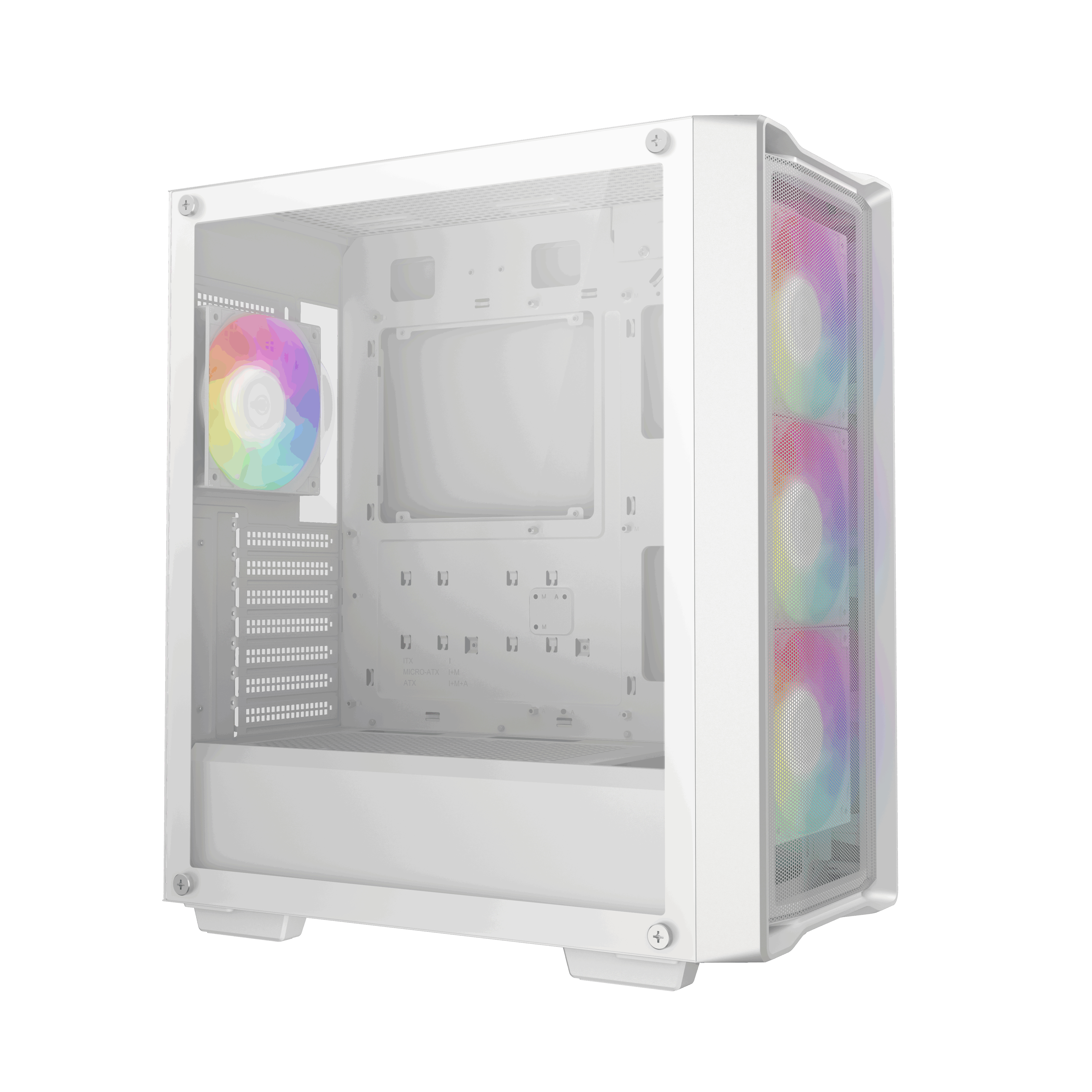 Un case per computer bianco con pannello laterale trasparente, con ventola arcobaleno e luci sul pannello frontale.