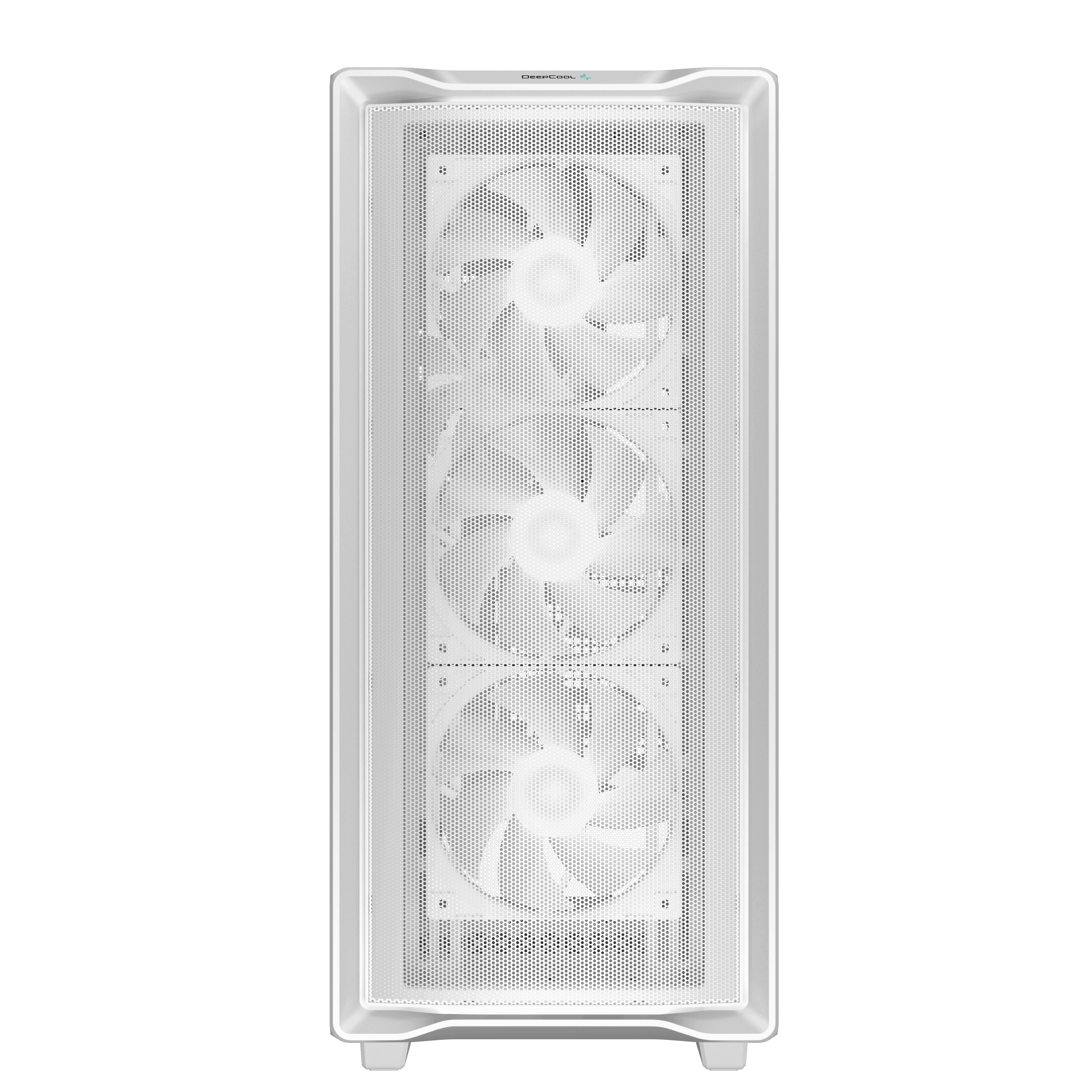 Un case per computer bianco con tre ventole visibili dietro un pannello frontale a rete, il logo Deepcool è visibile.