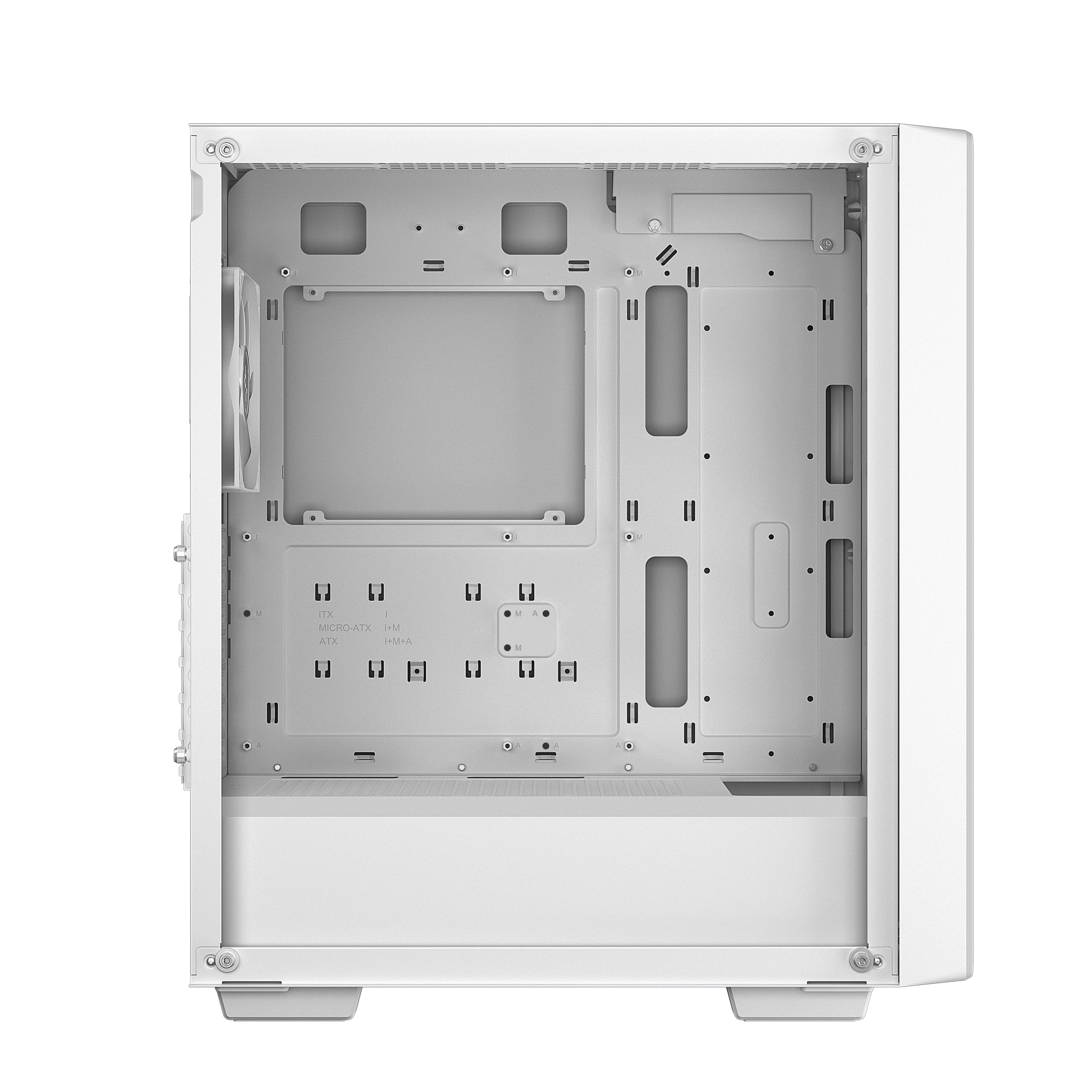 Interno di un case per computer bianco. Ha punti di montaggio e una ventola. Il case è vuoto.