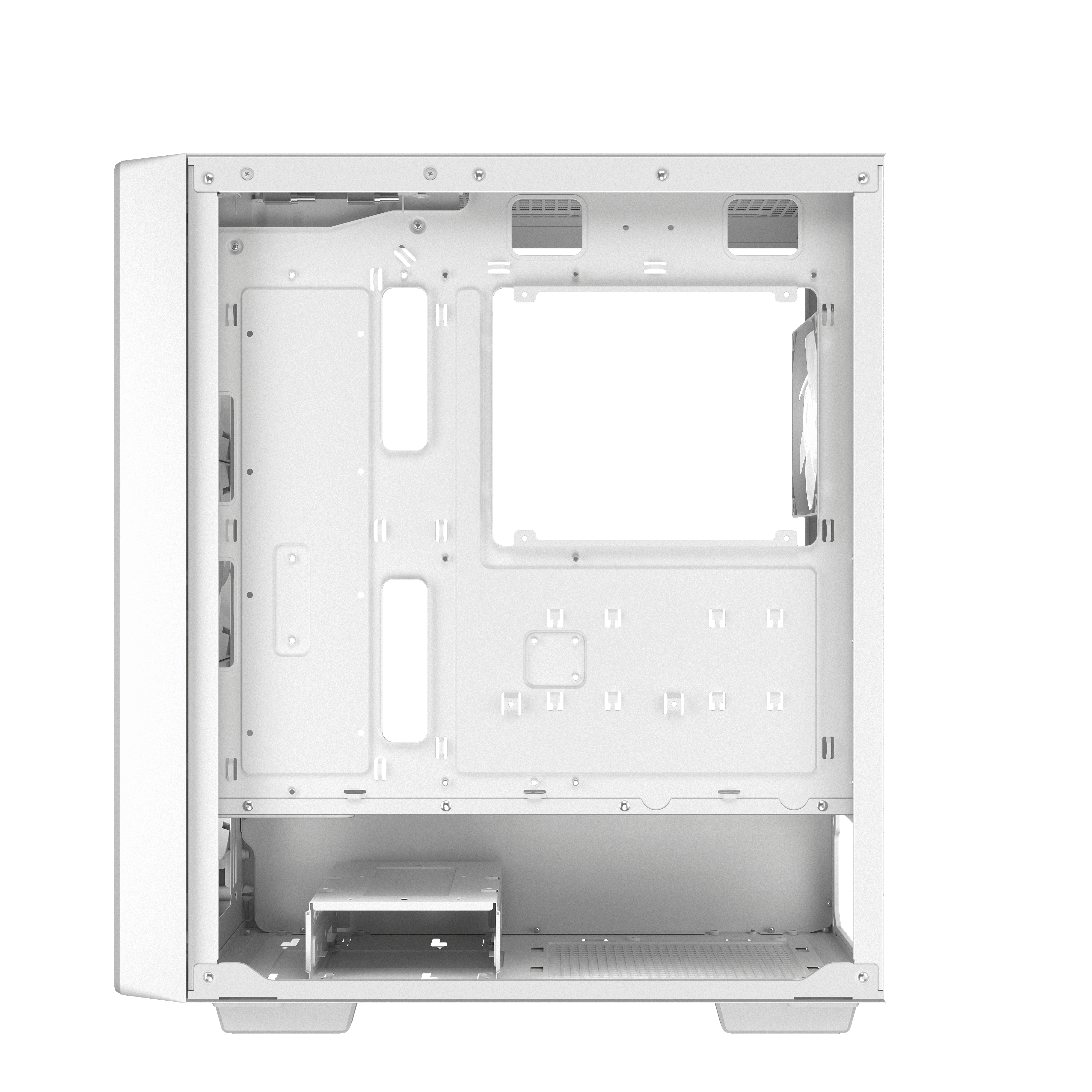Interno di un case per computer bianco vuoto. Design aperto con punti di montaggio, una grande apertura rettangolare e un vano inferiore.
