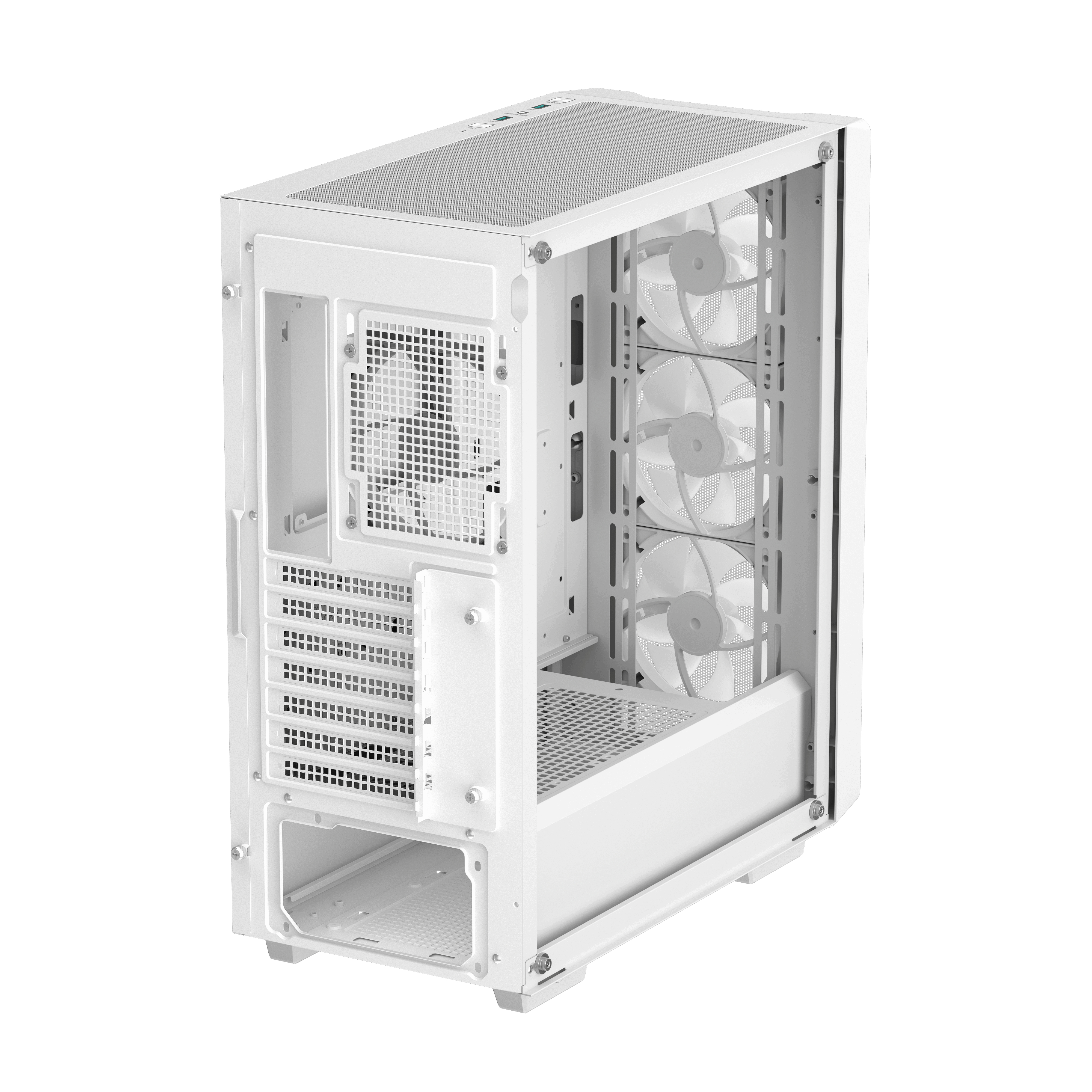 Un case per computer bianco con un lato aperto, che rivela ventole e componenti interni. Il case è su sfondo bianco.