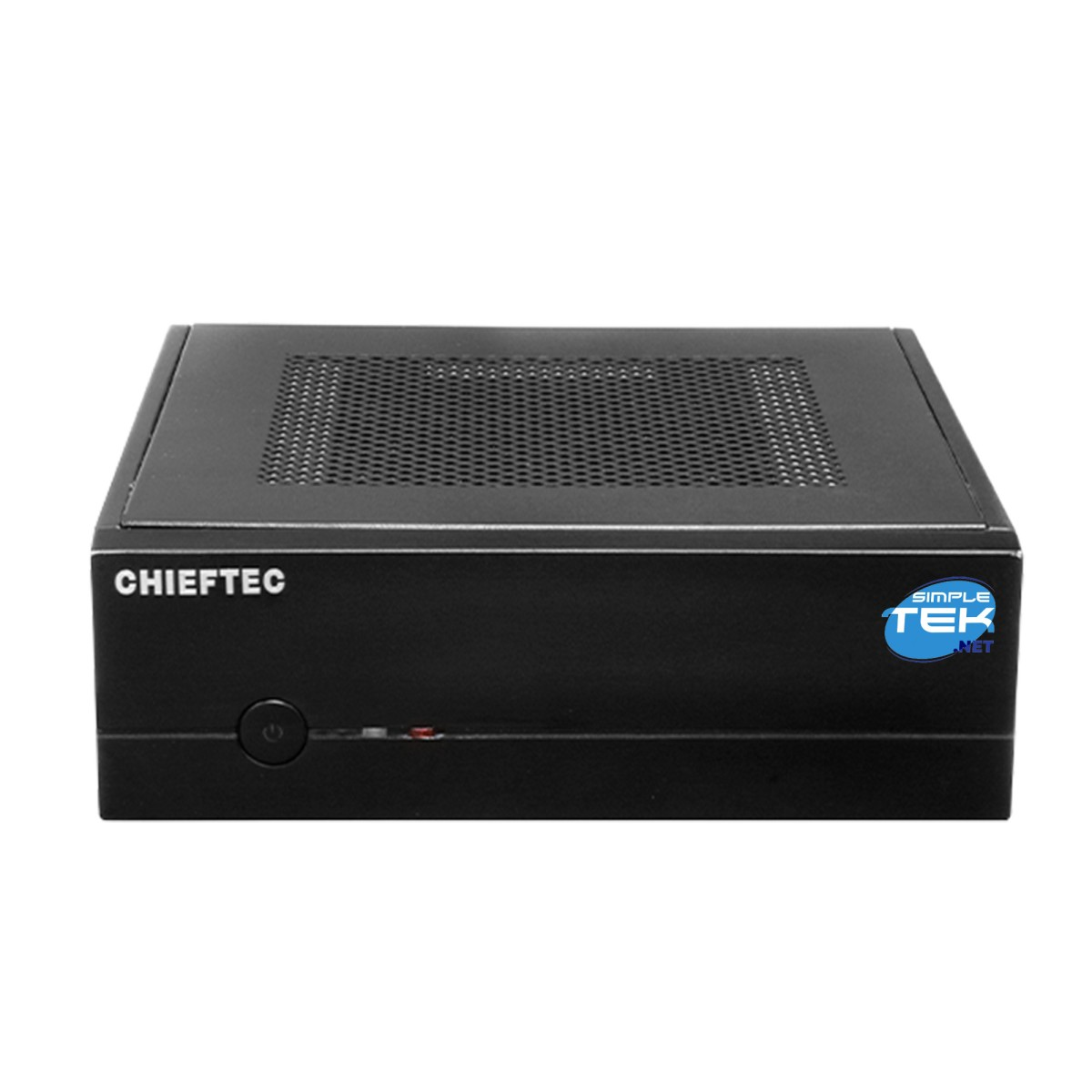 Czarna obudowa komputera CHIEFTEC. Ma siatkową górę, przycisk zasilania i logo Simple Tek NET po prawej stronie.