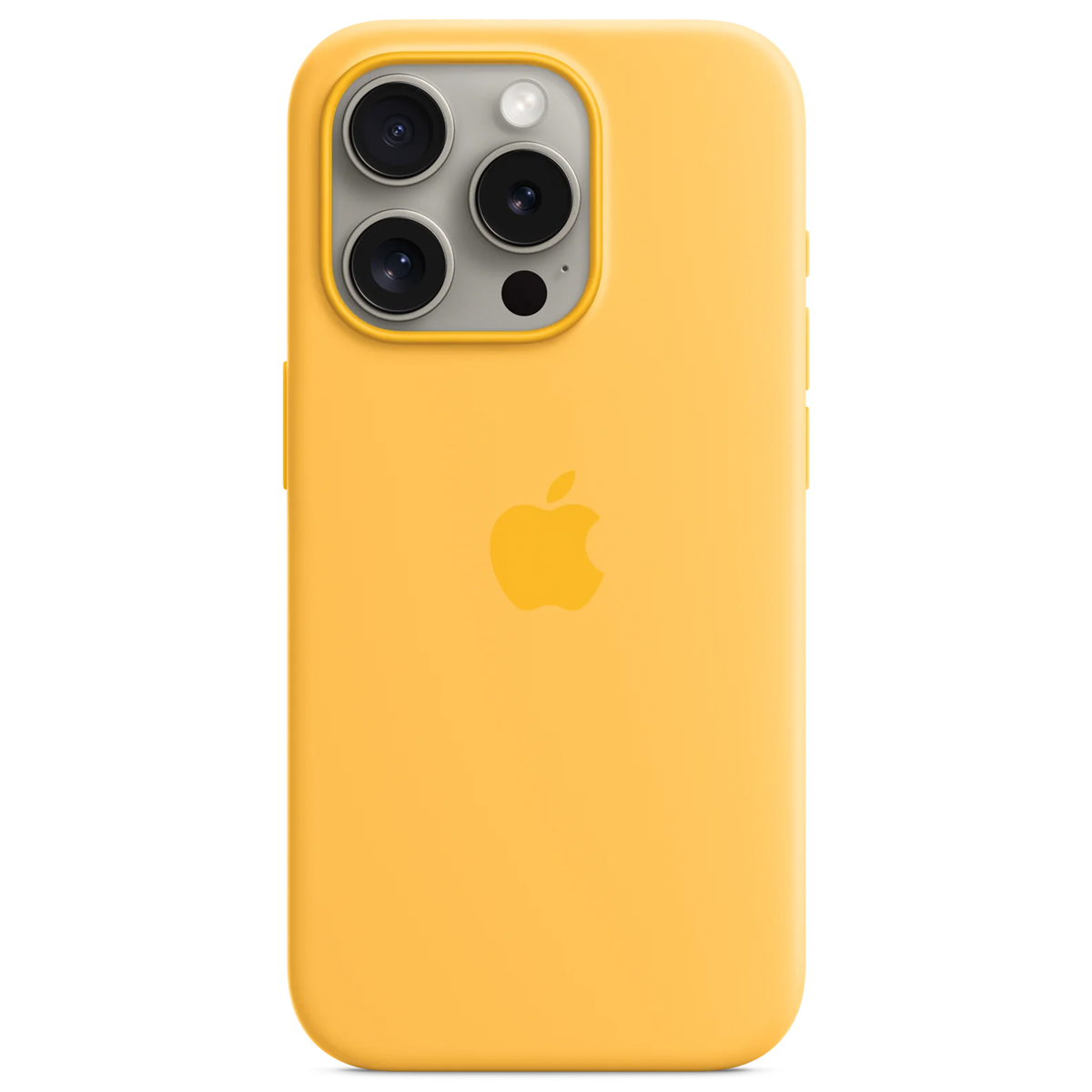 Yellow iPhone case with three camera lenses and flash. An Apple logo is centered. The case has volume buttons on the right side.