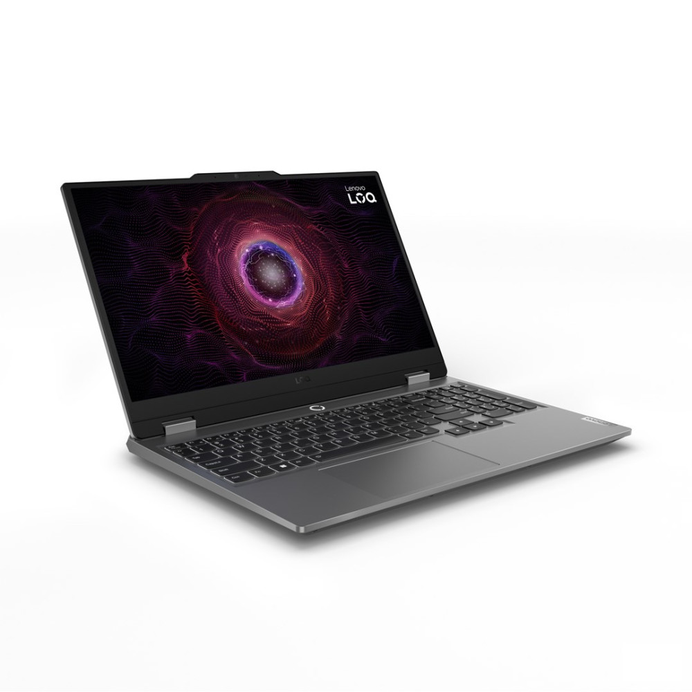 Laptop Lenovo Loq jest wyświetlany na białej powierzchni. Ekran pokazuje cyfrową spiralę. Klawiatura i obudowa są szare.