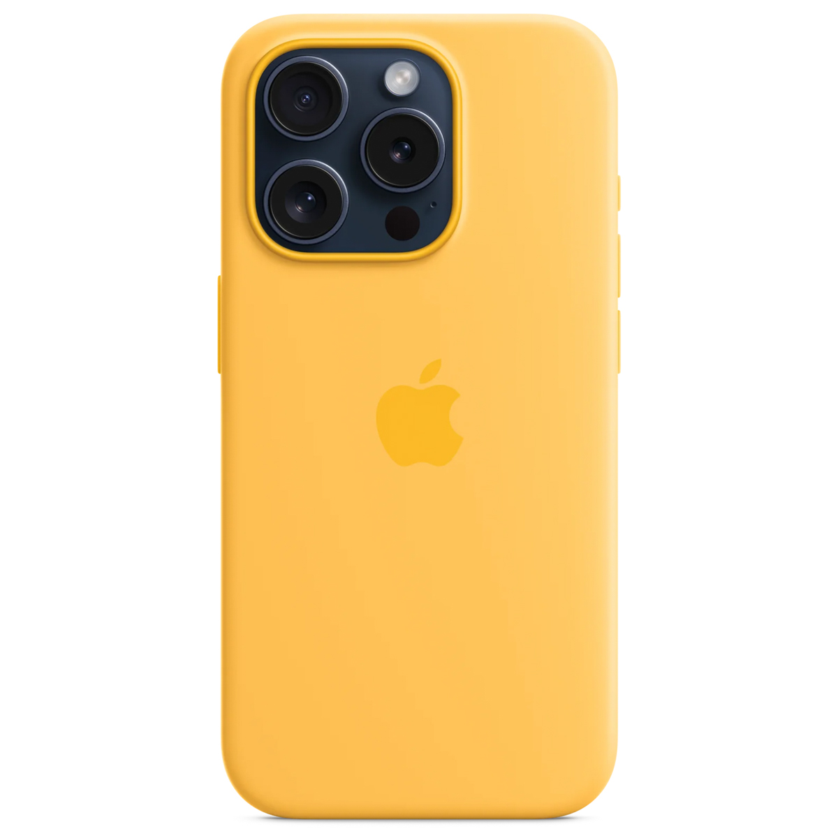A yellow iPhone case with three camera lenses and an Apple logo. The case is on a white background, the phone is centered.