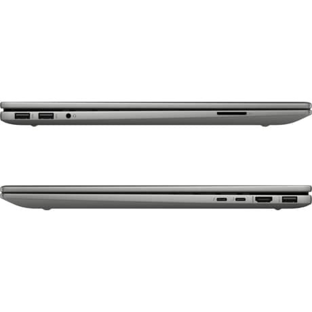 Dwa szare laptopy z boku. Górny laptop ma porty i gniazdo kart SD. Dolny ma porty, w tym HDMI i USB.